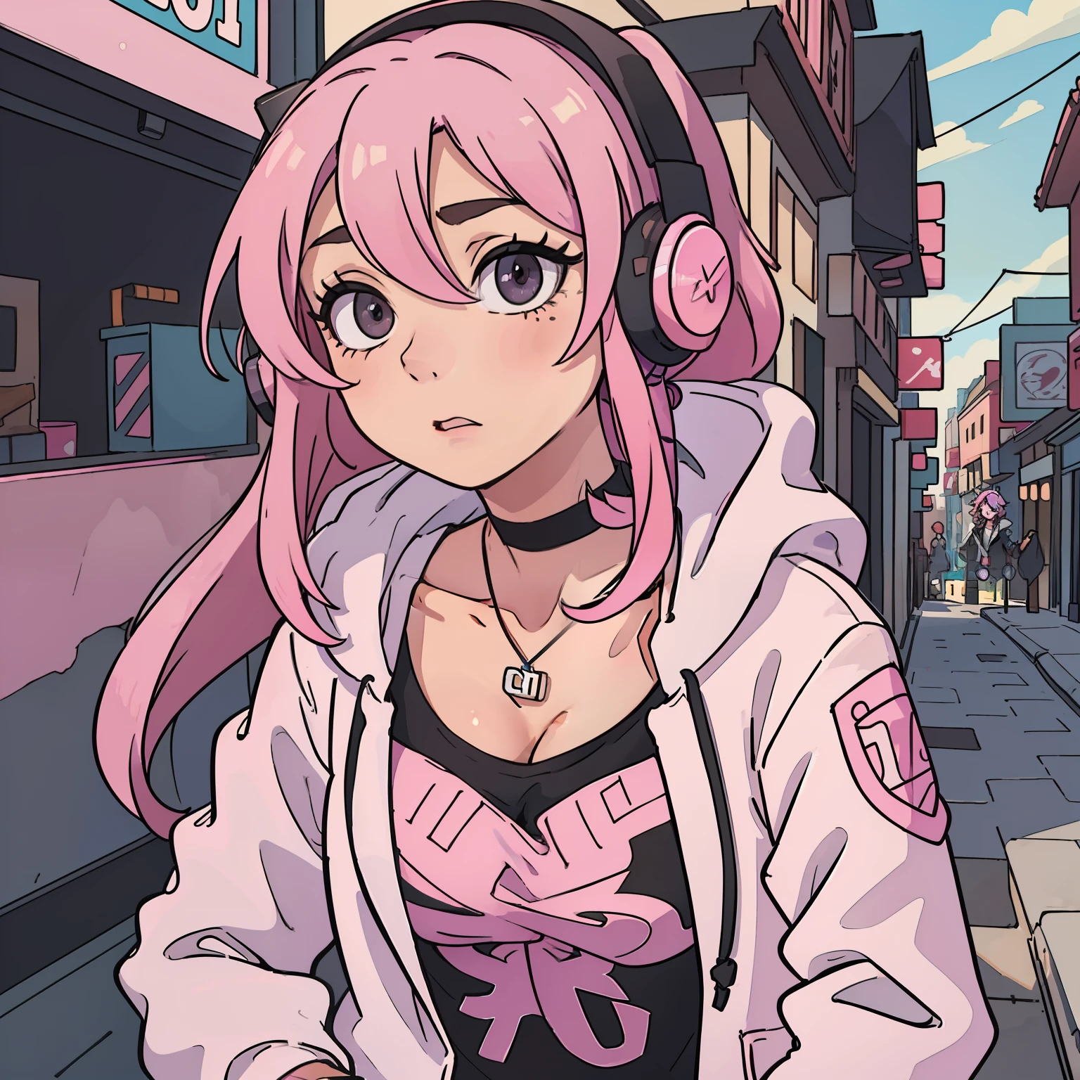 (best-quality:0.8), (best-quality:0.8), perfect anime illustration, extreme closeup portrait of a pretty woman walking through the city, pink hair, thinking facial expression, hoodie, stylish fashion, decent tribal make up, open jacket, small cleavage, headphones, cute necklace hanging into cleavage, black choker, girl getting asked something by pov