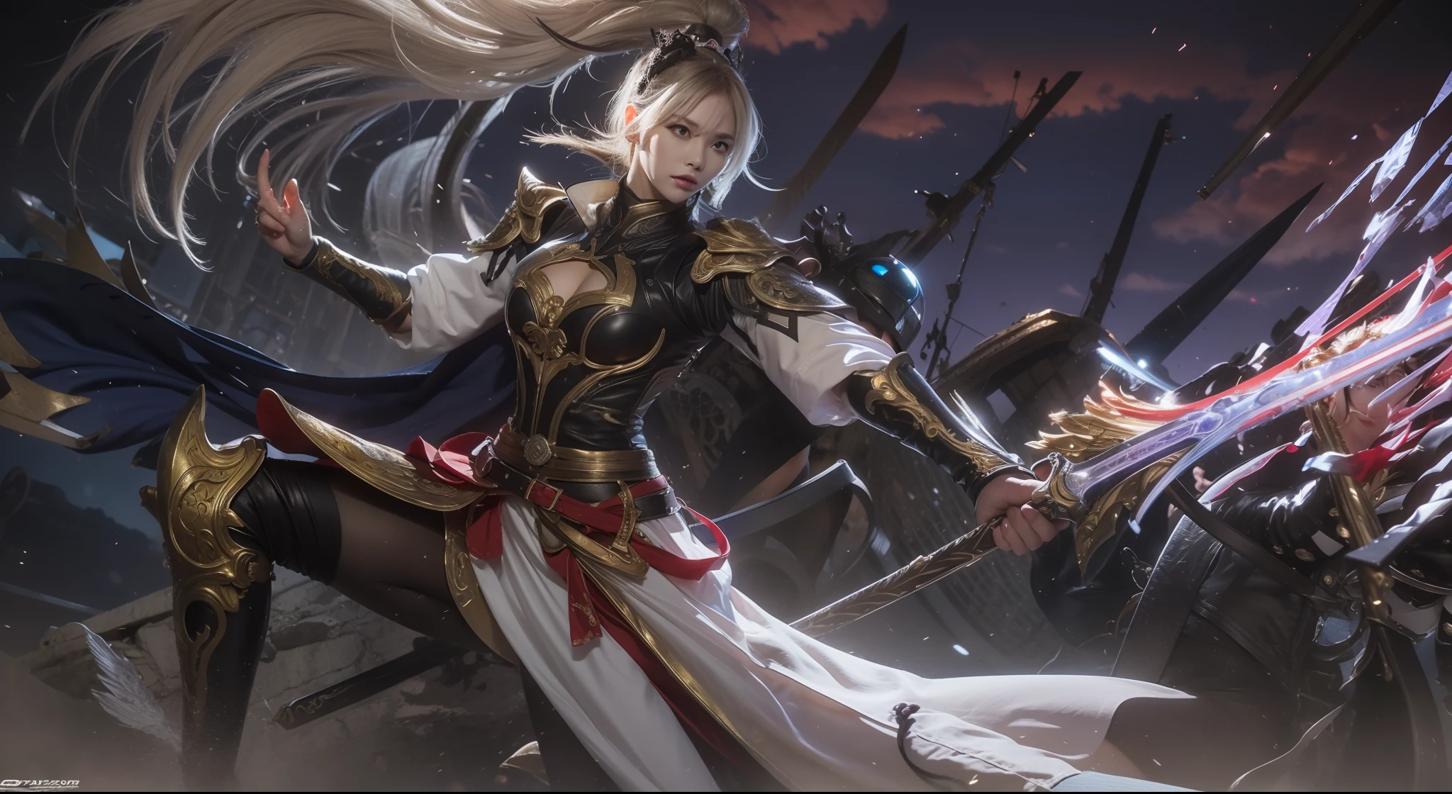 Female general of ancient China，详细的脸，Beautiful and dignified，Mighty and domineering，Determined gaze，mighty，Golden hairpin，long  white hair，Black-gold armor，Red ribbon around the waist，White skirt，black lence stockings，Golden-black boots，Purple cape on the back，The right hand is open，The left hand holds the hilt of the sword，A scabbard hangs from his waist，The blade flashed with blue-purple electric light，There are many blue-purple flags on the back，Behind him are the ruins of the battlefield，the night，The sky is gloomy，Dark purple sky，There is blood in the air，The background has a blue tone，Blue-violet filter，high high quality，illustrious，best qualityer，hyper HD，RAW photos