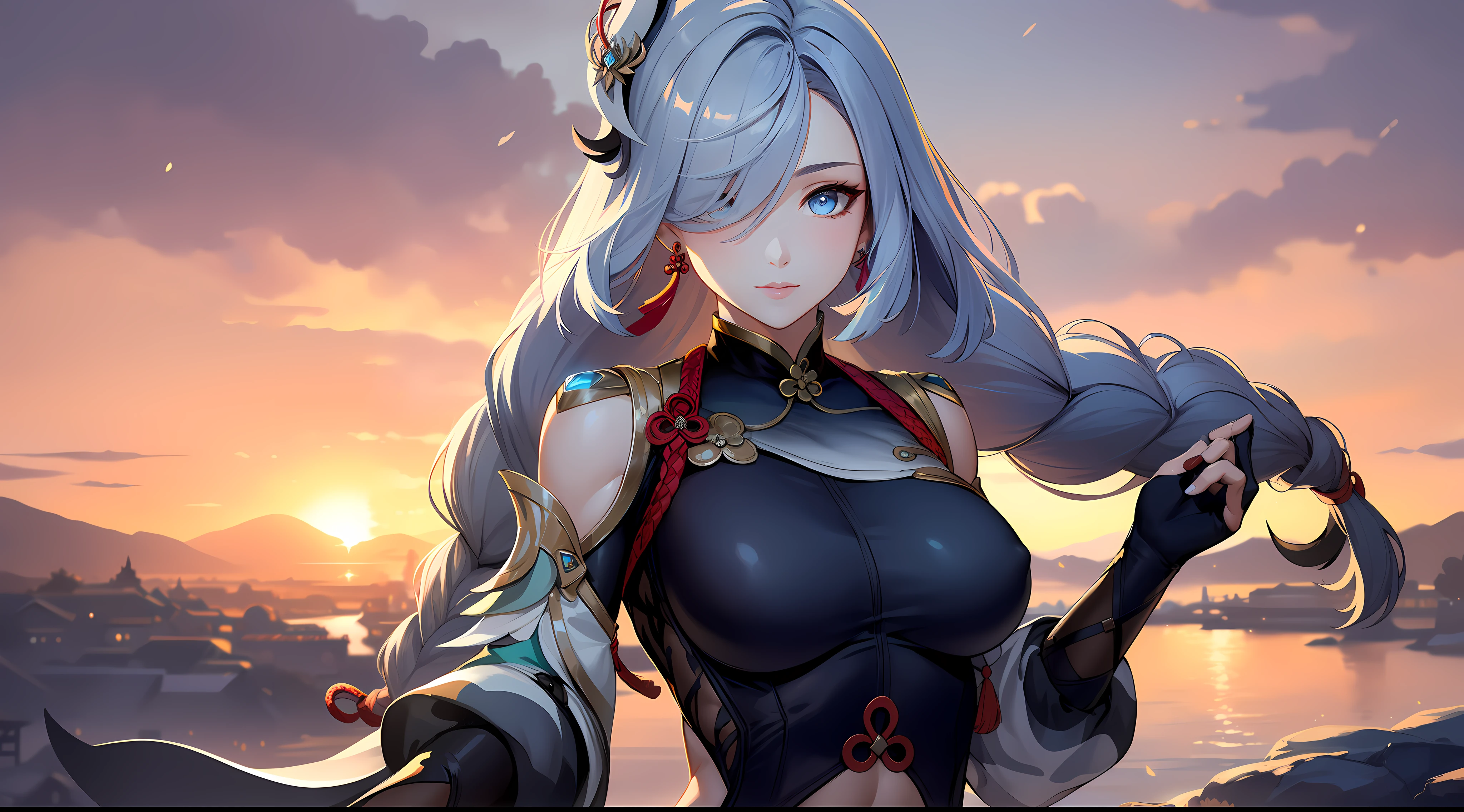 shenhedef, upper body, seductive look, blush, outdoors, snowflake scenery, looking at viewer, cloudy, moody lighting, (perfect detail eyes:1.2), glowing eyes, (long hair one braid:1.2), elemental skill effect, (Masterpiece, Best Quality, High Quality:1.4), professional artwork, Intricate Details, field of view, sharp focus, detailed painting, photorealistic lighting, trending on pixiv, (vivid lighting, vibrant colors:1.05), realistic shadows, ambient occlusion, (athletic body:1.3), mature woman, 30yo,