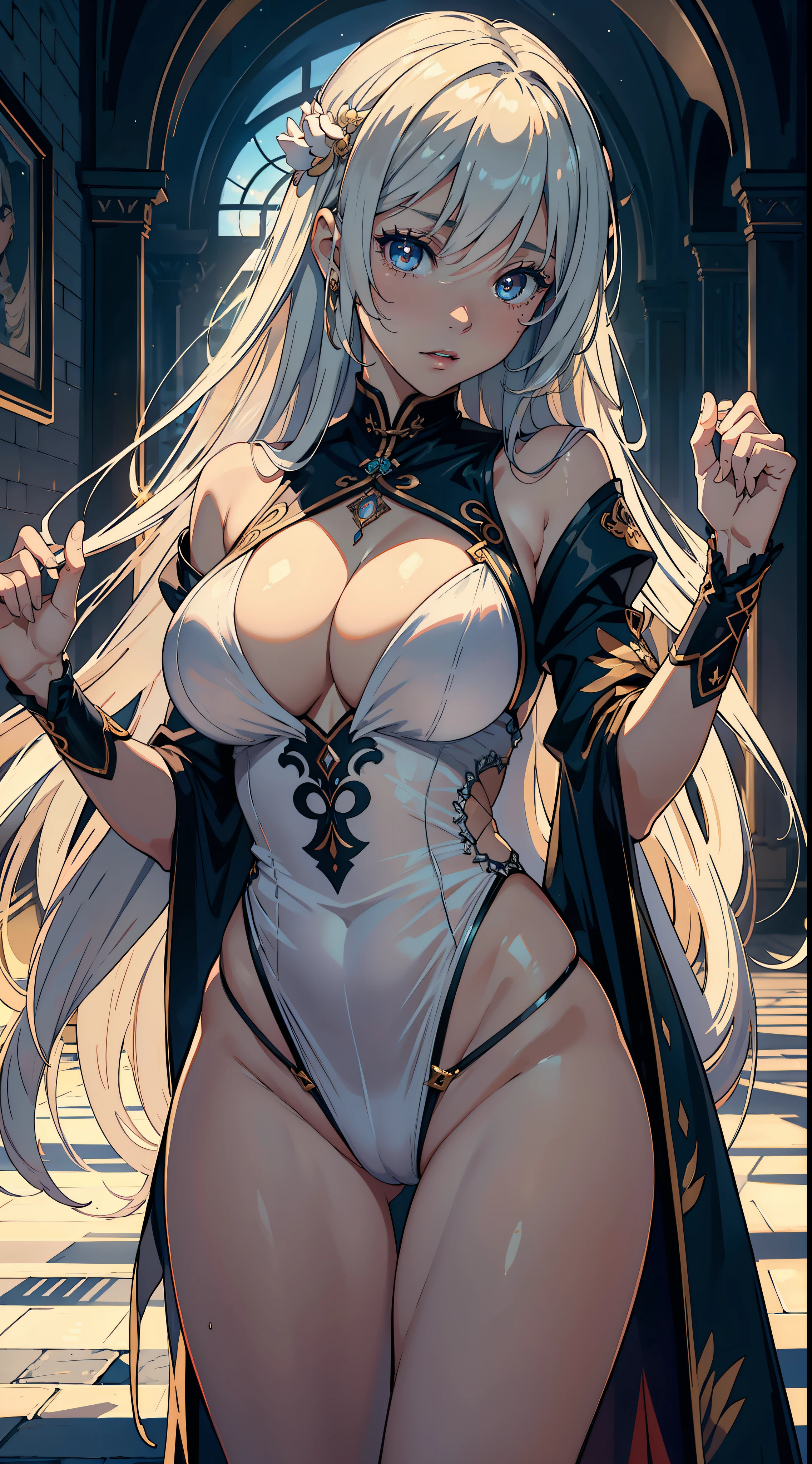 1female, old,Huge breasts, 独奏, European princess, trpical garden,palaces,White transparent court costume, Pornographic exposure,Exposure of bikinis,Skysky,the night, She has long flowing hair, Bare , standing on your feet,Bigchest, From the front side, hair straight, mostly cloudy sky,(((tmasterpiece),(Very detailed CG unity 8K wallpaper),best qualtiy,cinmatic lighting,detailed back ground,beatiful detailed eyes,Bright pupils,(Very fine and beautiful),(Beautiful and detailed eye description),ultra - detailed,tmasterpiece,)),facing at camera,absurderes,A high resolution,ultra - detailed),,Very long hair,legs are open,Emotive expressions,Open-mouthed,Chest sagging,nakeness, bulge,Expose the genitals,revealing breasts,Camel toes,with no underpants,extremely large bosom,extremely colorful,Most detailed,fully body photo,The face is well lit