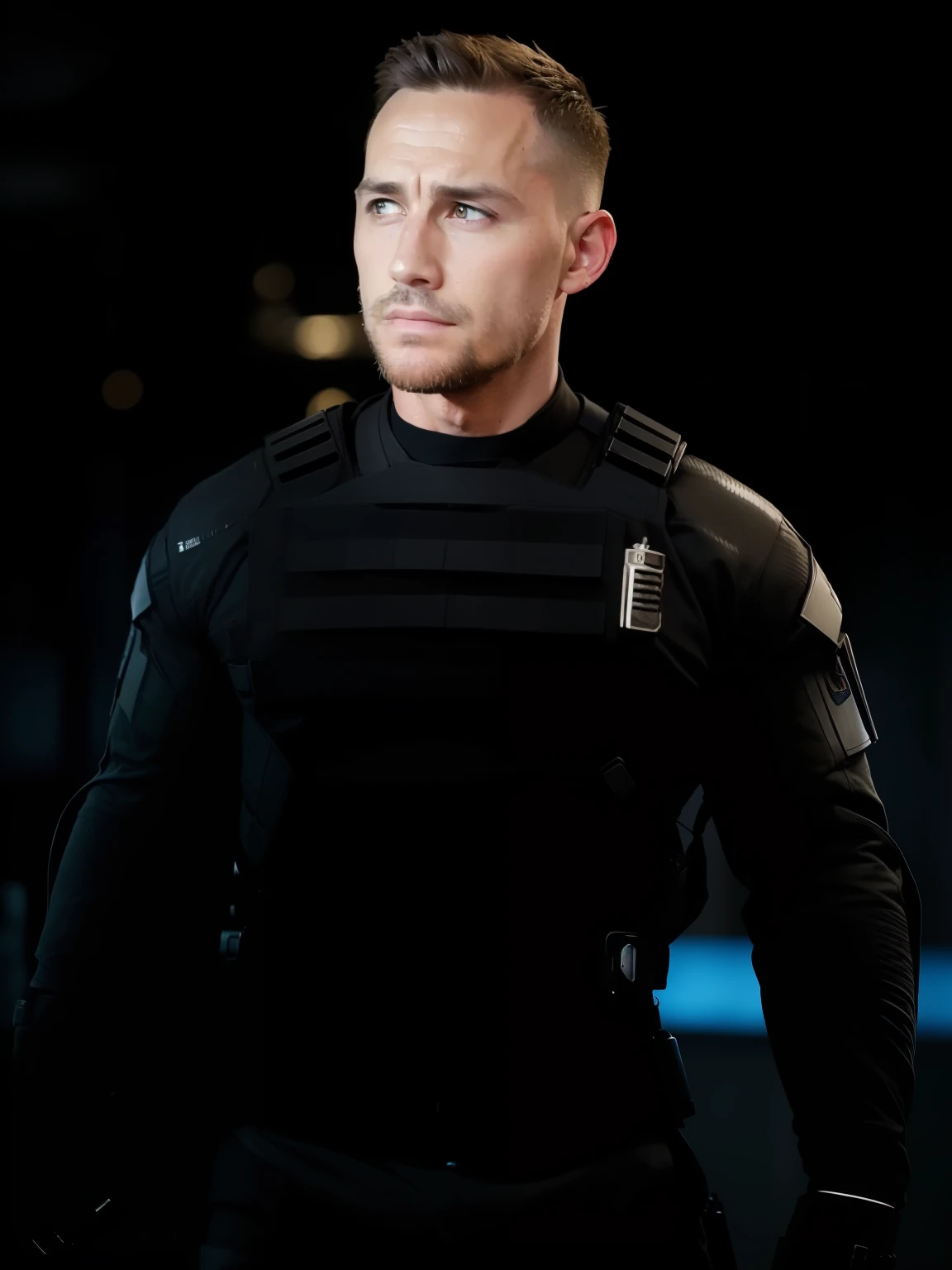a full body shot, ((candid shot)), special ops, soldier, ((short hair)), call of duty, high end tech, (((man, strong features, determined look, dystopia, scruff, masculine))), (((sharp jawline))), ((facial hair)), HDR, hyper realistic, wrinkles, fit body, insanely detailed, complex background, fire, dirty