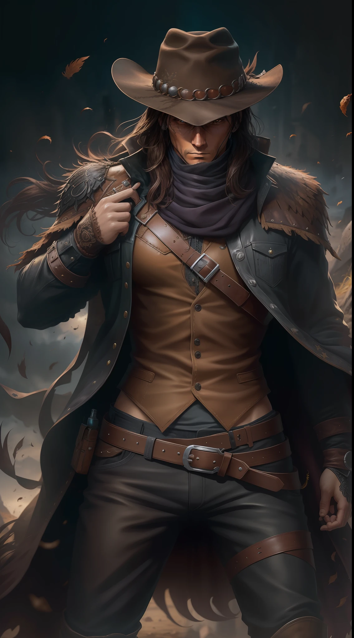 La mejor calidad posible, Ultra resolution 8K , Stunning illustration,la mejor de todas, premiado como el mejor, Scarecrow Stampunk Cowboy Dark Cloak Wind-Moved Hat Leather Belt, pistolas en cada mano, carga dos espadas en su espalda, action pose, agregar efecto al final, Super obra maestra, Super detailed , hiperdetallada