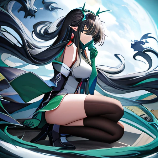 Anime girl with long black hair and green gloves, But covered her face with his hands,, 2 d anime style, Irelia, From Arknights, High Quality Anime Art Style, in an anime style, 2 0 2 2 anime style, Complete the body movements,kneels on the ground, Wear over-the-knee socks，