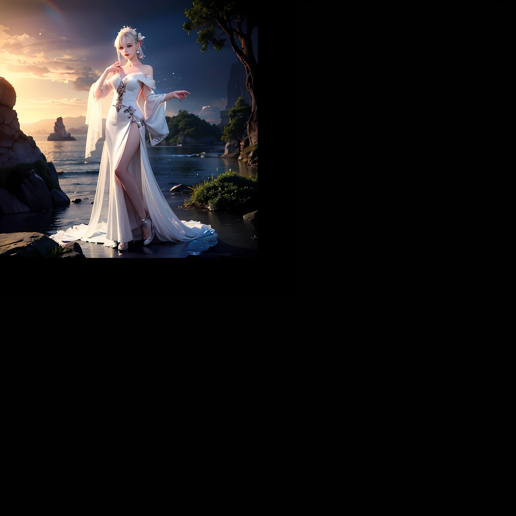 In a captivating image, an elegant woman clad in a white Chinese gown glides through the sky atop a mythical Chinese dragon. As they traverse the heavens, her flowing gown and the dragon's iridescent scales create a mesmerizing vision of harmony and otherworldly beauty. 
hdr, (photorealism, masterpiece quality, best quality), , pureerosface_v1,ulzzang-6500-v1.1,