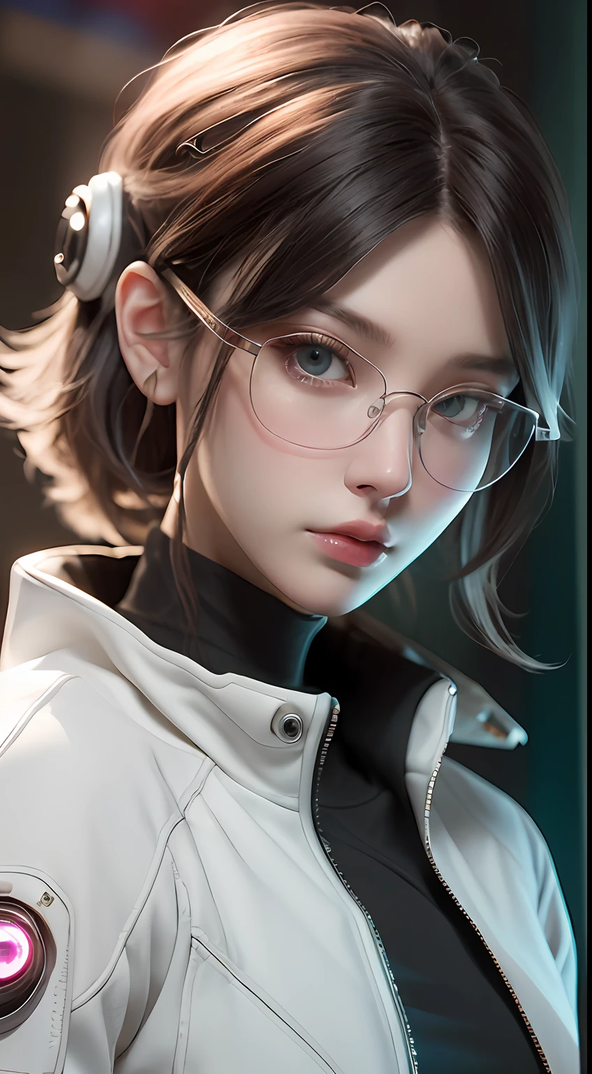 ((best qualtiy)), ((tmasterpiece)), (the detail:1.4), 3D, A beautiful cyberpunk female image,HDR(HighDynamicRange),Ray traching,NVIDIA RTX,Super-Resolution,Unreal 5,Subsurface scattering、PBR Texture、post-proces、Anisotropy Filtering、depth of fields、maximum definition and sharpness、Many-Layer Textures、Albedo e mapas Speculares、Surface Coloring、Accurate simulation of light-material interactions、perfectly proportions、Octane Render、Two-colored light、largeaperture、Low ISO、White balance、the rule of thirds、8K RAW、Close-up of a woman wearing glasses and a white jacket, Futuristic style, Futuristic look, Cute cyborg girl, futuristic glasses lenses, portrait of a sci - fi woman, portrait beautiful sci - fi girl, fashionable futuristic woman, sci - fi look, wearing futuristic, cyborg - girl, attractive sci - fi face, sci-fi woman, beautiful girl cyborg