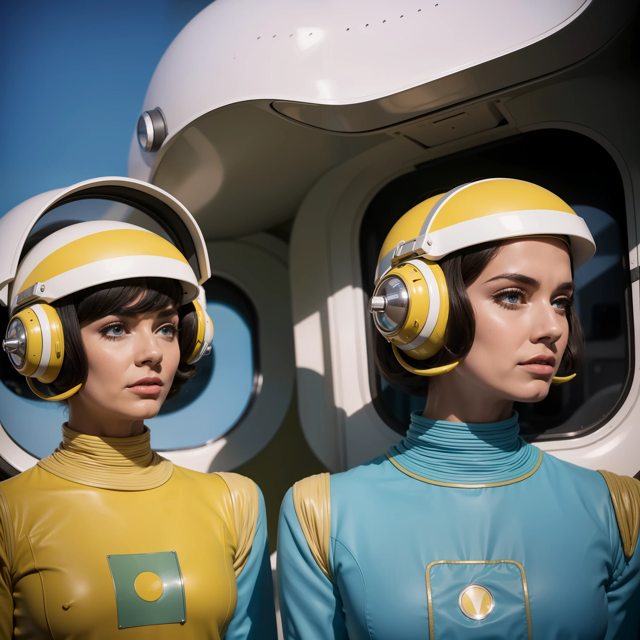 4k image of a 1960s science fiction film by Stanley Kubrick, Filme O Grande Hotel Budapeste, pastels colors, Men wearing retrofuturistic alien masks and holding colorful suitcases and chests on the bus, Retro-futuristic fashion clothes from the 60s with old robots, Luz Natural, Psicodelia, futurista estranho, retro-futurista, photo-realistic, Sharp background details.