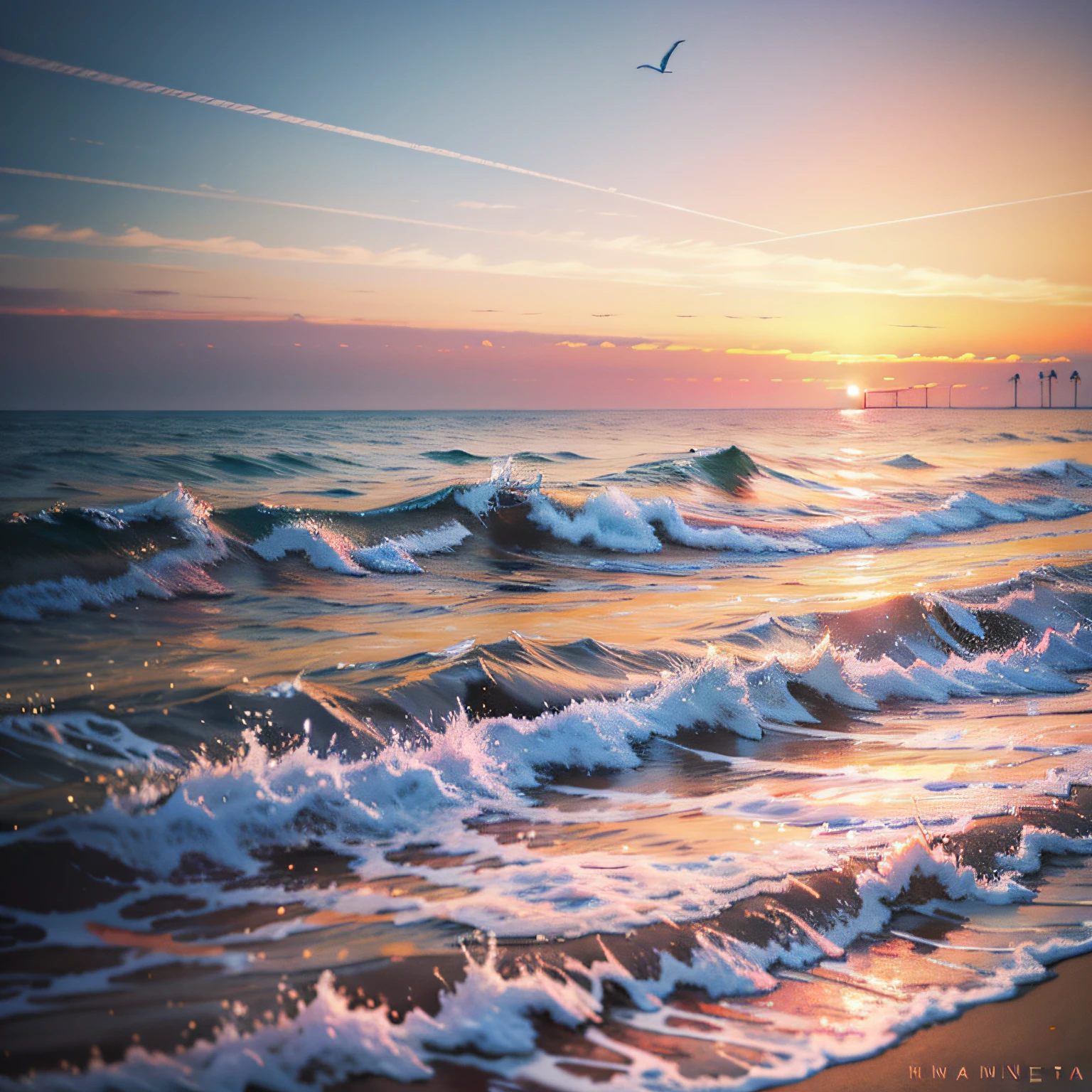 An absolutely mesmerizing sunset on the beach, with a mix of orange, pink, and yellow in the sky. The water is crystal clear, gently kisses the coast, and the white sand is endless. The scene is dynamic and breathtaking, with seagulls soaring high in the sky and palm trees swaying softly. Immerse yourself in the calm atmosphere and let the serenity surround you.