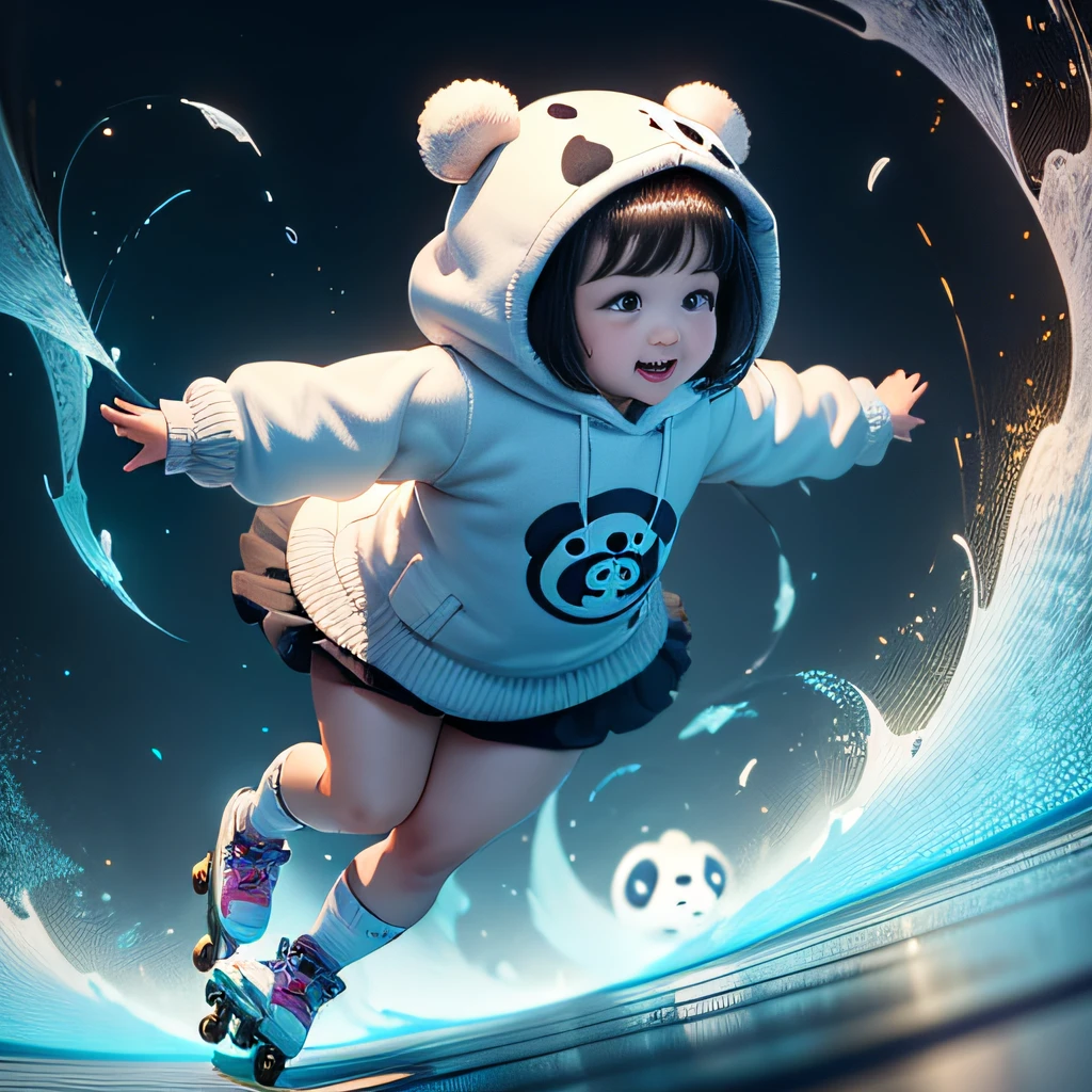 4K HD quality,hyper intricate details,A cute chubby little girl,Double bun and bangs,Wear a white panda hood,Very happy,Play roller skating,full body shot shot