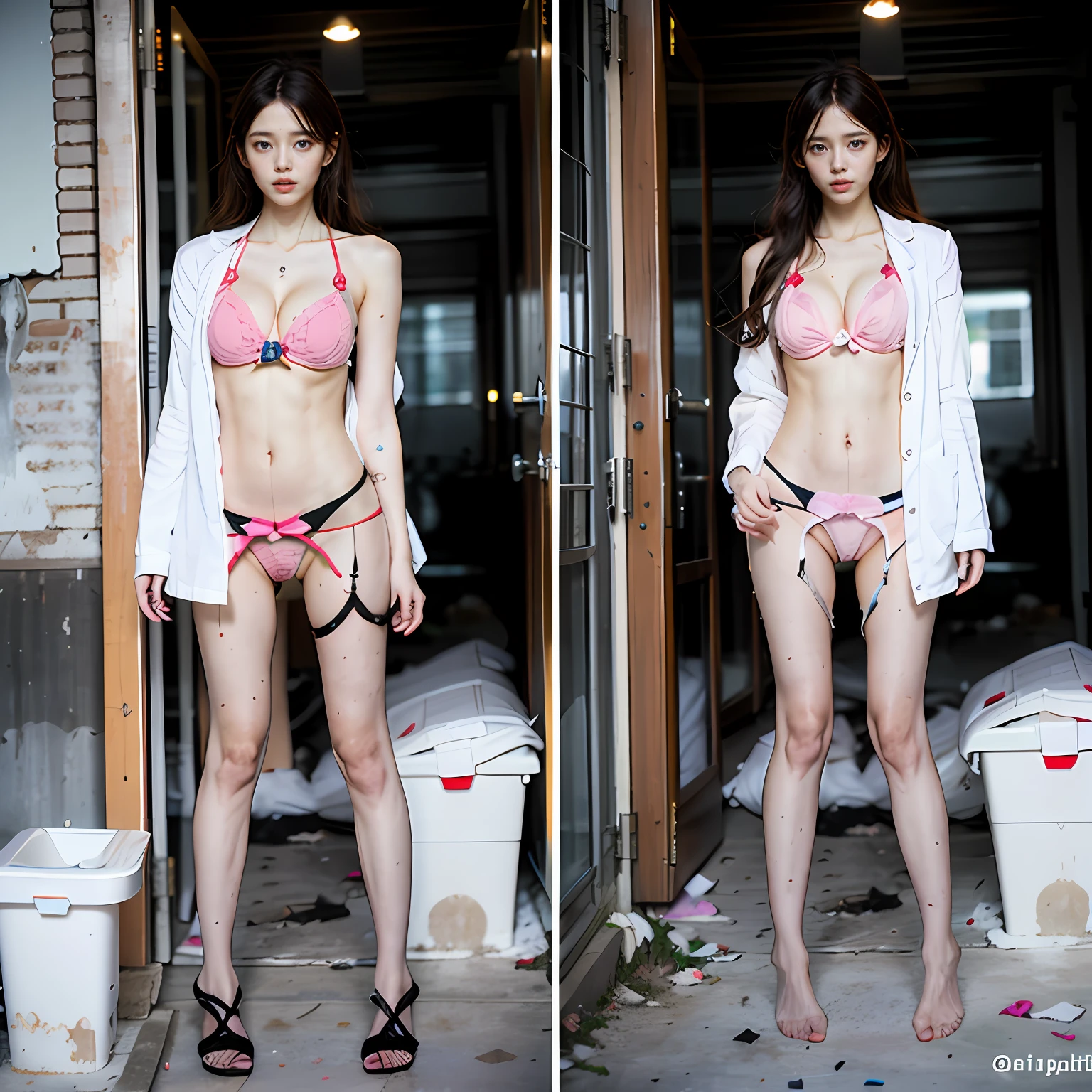 Abandoned toilet sewers，Pink transparent bikini，No coat，Very few clothes，Extreme exhibitionism，Sexy standing pose，Garbage all over the ground，grimy，Dilapidated，Devastated，best qualtiy，full-body portraits（1：1），18 years old girls，lean and slender body，Skinny，Smaller bust，The barefoot，junk，Leakage of the entire breast，Naked all over the body，face to the viewer，Nude 1.1