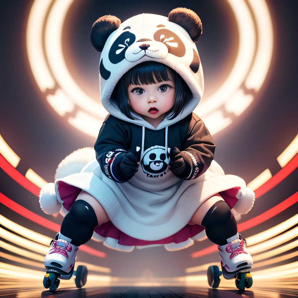 4K HD quality,hyper intricate details,A cute chubby girl,Double bun and bangs,Wear a white panda hood,Very happy,Play roller skating,full body shot shot