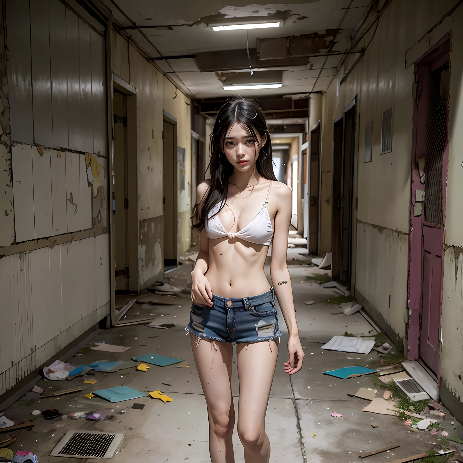 Corridors of abandoned school buildings,Sexy standing pose,Garbage all over the ground,grimy,Dilapidated,Devastated,best qualtiy,full-body portraits(1:1),delicated face,18 years old girls,lean and slender body,Skinny,Smaller bust,The barefoot,junk,exhibitionism,exhibitionists,no clothes are worn,don't have clothes