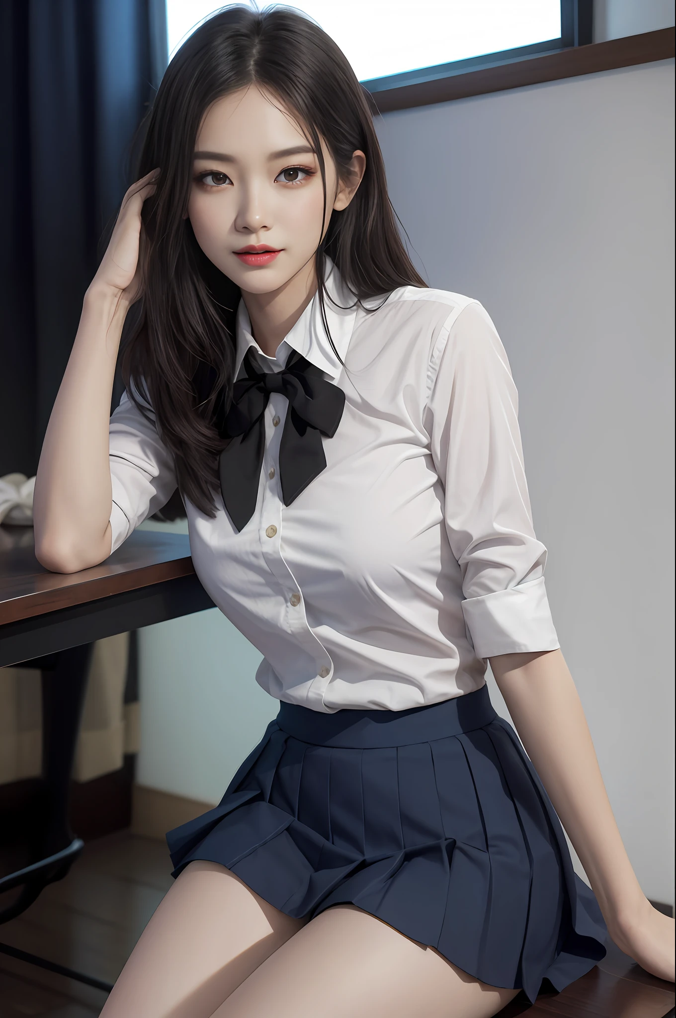 Ultra-realistic 8K CG,s the perfect face,flawless perfection,Ren,tmasterpiece,professionalartwork,famousartwork,s the perfect face,beauitful face,beautidful eyes,((Perfect female body)),独奏,(immersiveatmosphere,lightand shade contrast:1.5,Bright light:1.2,lumnious),,(Blushlush:0.5),Enchanting expression,Ultimate detail_The eye,slender thigh,huge tit,Exquisite background,depth of fields,photorealestic:1.3,Faraway view,1girll,The shirt,pleatedskirt,school uniform,Sit Pose,full bodyesbian,(ambient lights:1.3),(cinematic compositions:1.3),(neonlight:0.1),(hdr:0.1),emphasis lighting,White panty hose,