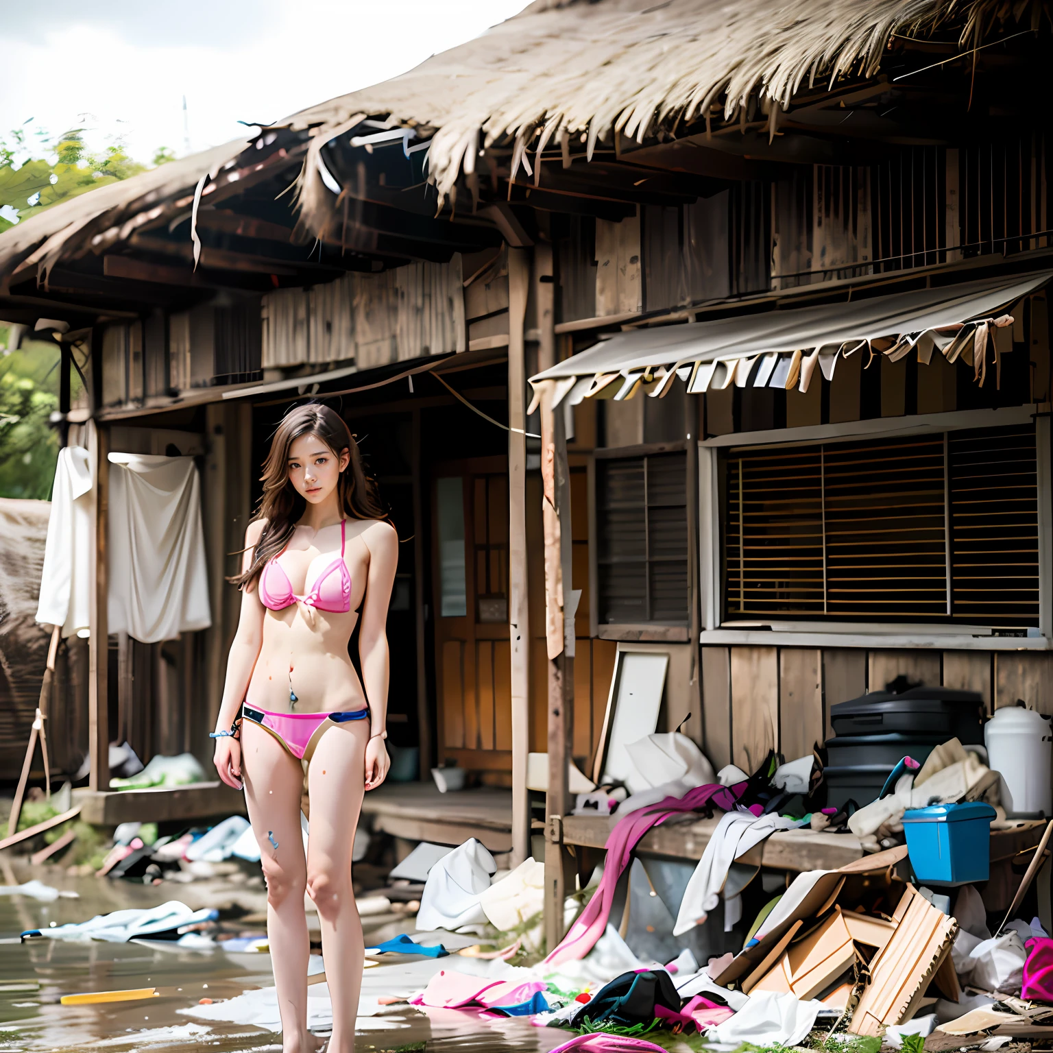 Abandoned rural thatched hut,Pink transparent bikini,No coat,Very few clothes,Extreme exhibitionism,Sexy standing pose,Garbage all over the ground,grimy,Dilapidated,Devastated,best qualtiy,full-body portraits(1:1),18 years old girls,lean and slender body,Skinny,Smaller bust,The barefoot,junk,Leakage of the entire breast,Naked all over the body,face to the viewer,Nude 1.1