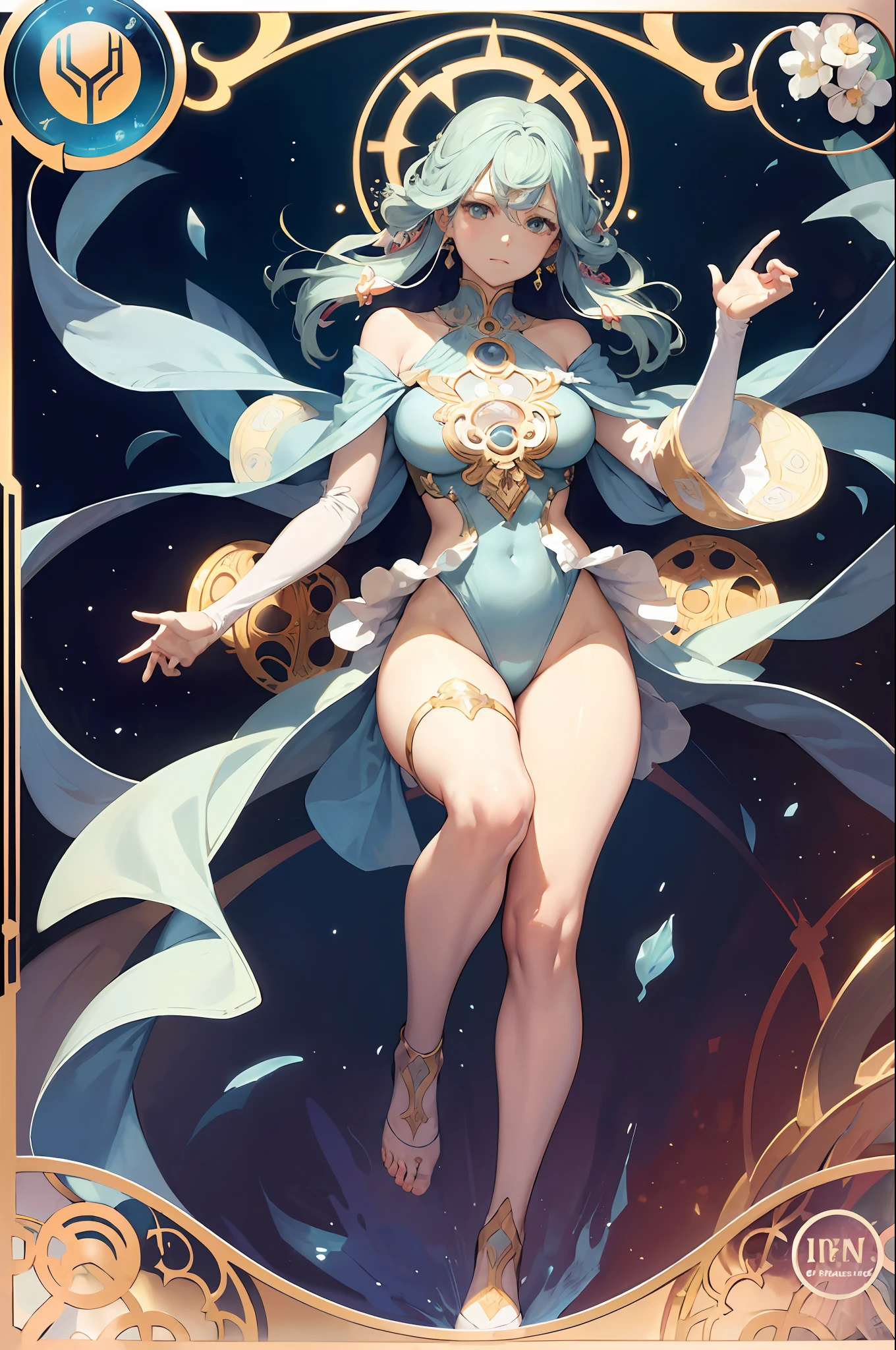 The personification of opal、adult lady、Frame Mexico、Decorative panel、abstract art、By Alphonse Mucha (masterpiece、top-quality、hight resolution: 1.4)、More about realism、intricate-detail、4K、color splashes、line-drawing、Fibonacci、Tarot Cards、Always have two arms、Be sure to have two legs、Draw your fingertips firmly、Biologically consistent human pose