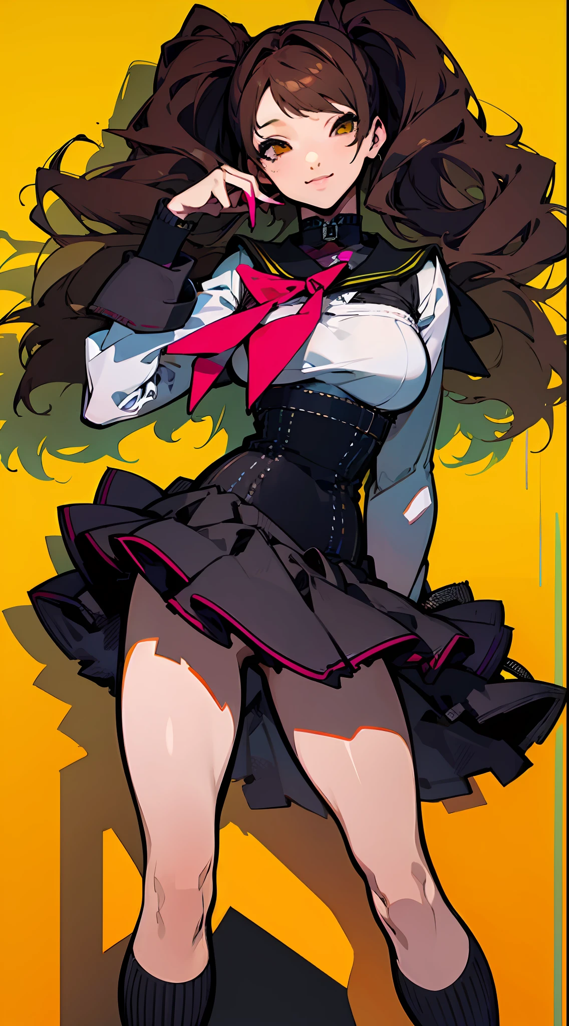 (Surreal), (Illustration), (High resolution), (in 8K), (Extreme Detail), (Best Illustration), (beautiful detail), (Best Quality), (masuter piece), (Wallpaper), ( Detailed face), full body Esbian、persona4、Risekujikawa, Twin-tailed、Brown hair、School Girl Uniform、Squint and smile、 Realistic fantasy rendering, Realistic anime girl rendering, Full body portrait, (Big Breast: 1.4) popular in CGSTATION, wlop. 4K、Yellow background、highlight in eyes
