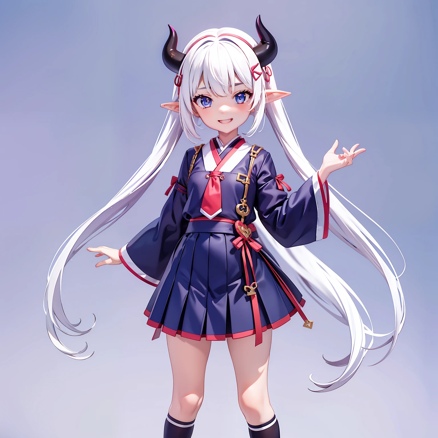 demon anime menida, white hair, short hair, with small horns, dark blue japanese school outfit anime, dark blue japanese school skirt anime, pink tie, pink socks, black skin, gray skin, dark skin, red and blue eyes, elf ears, girl, high school girl, small girl, cute, smile, cute pose, big eyes, small breasts, anime style, cute, smiling, cute pose, 2d style,