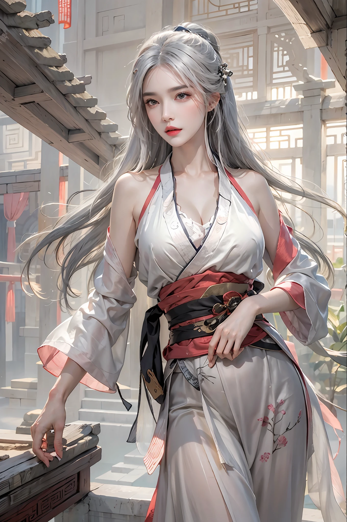 photorealistic, high resolution, 1women, solo, hips up, look at viewer, (detailed face), white hair, long hair, Ancient China