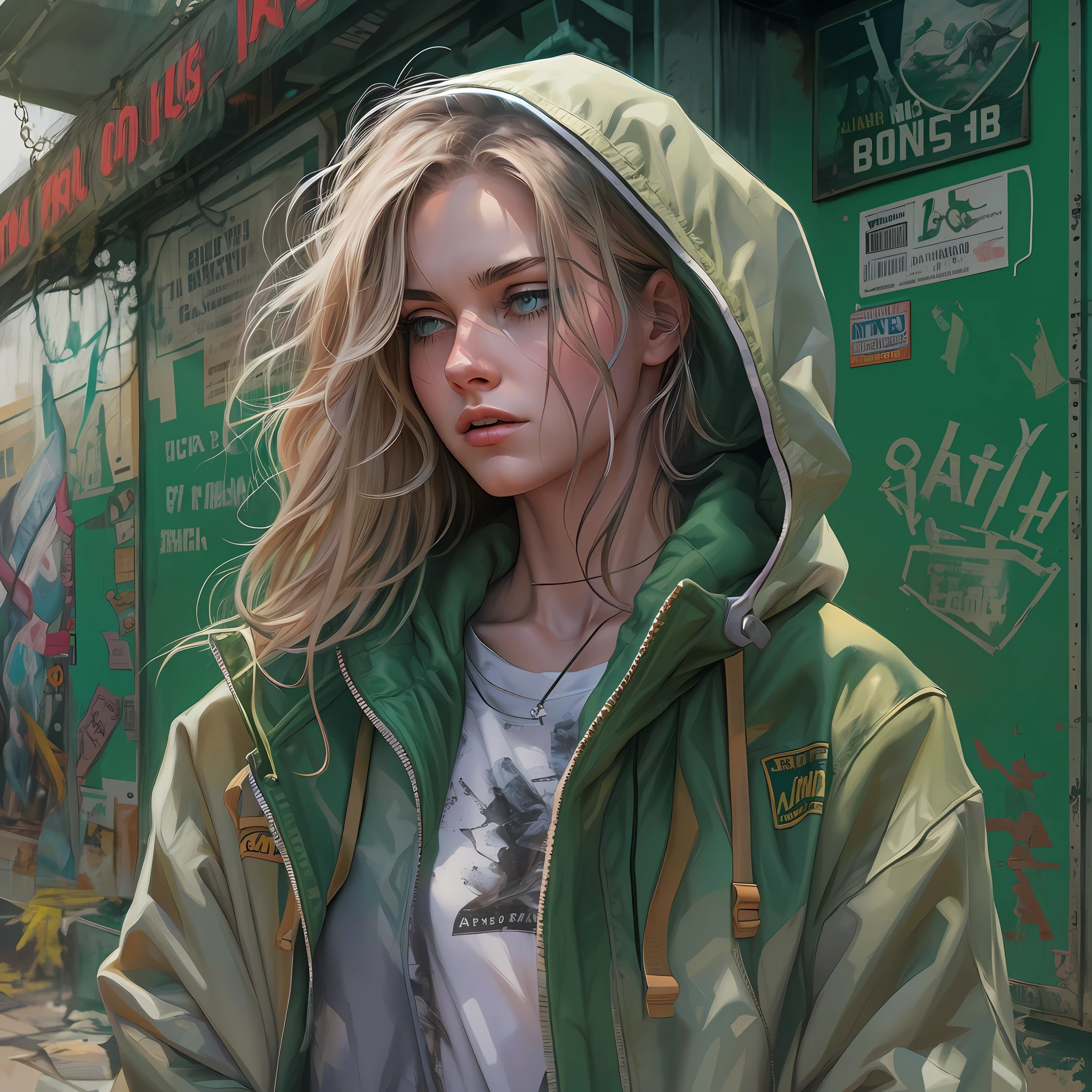 1girl, jacket, Sateen, En plein air, hooded sweatshirt, open jacket, chain, backpack, looking at another, disheveled hair, trending on ArtStation, 8k resolution, ((very detail)),(art by Tod Shorr), clear image, Laconic painting, Pop art, Trending on Pixiv, Surrealist style,