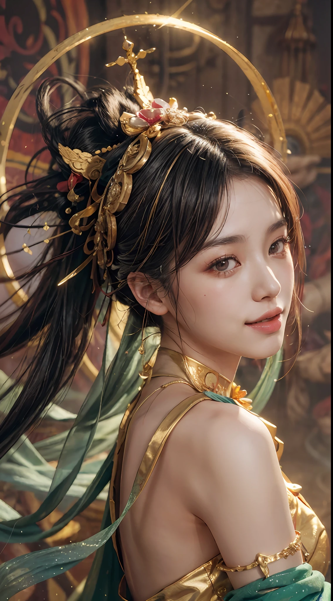 (RAW Photo, Best Quality), (Realistic, Photo Realistic: 1.3), Best Quality, Highly Detailed, Masterpiece, Ultra Detailed, Illustration, 1 Girl, upper_body, Dynamic Angle, World Mastery Theater, messy_long_hair, Best Quality, Extremely Detailed CG Unified 8k Wallpaper, Ink, Amazing, Cinematic Lighting, lens_flare, dunhuang_style, Beautiful Rendering of the Tang Dynasty, (Smile: 1.5), (Holy Light), In the Grotto, Floating, Sony Master Shot, Bustle, Gold Leaf, Flower, Looking at the Audience