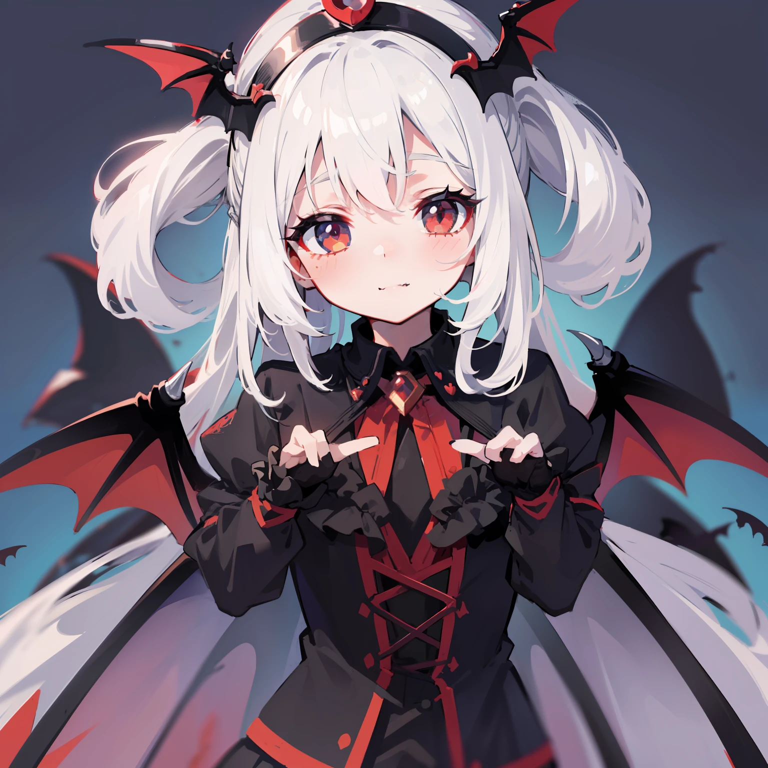 ((cute + + vampire + black and red color scheme), white hair: 0.9, ultra-detailed, kawaii dynamic pose, ultra-detailed clothing, twilight, blue background)