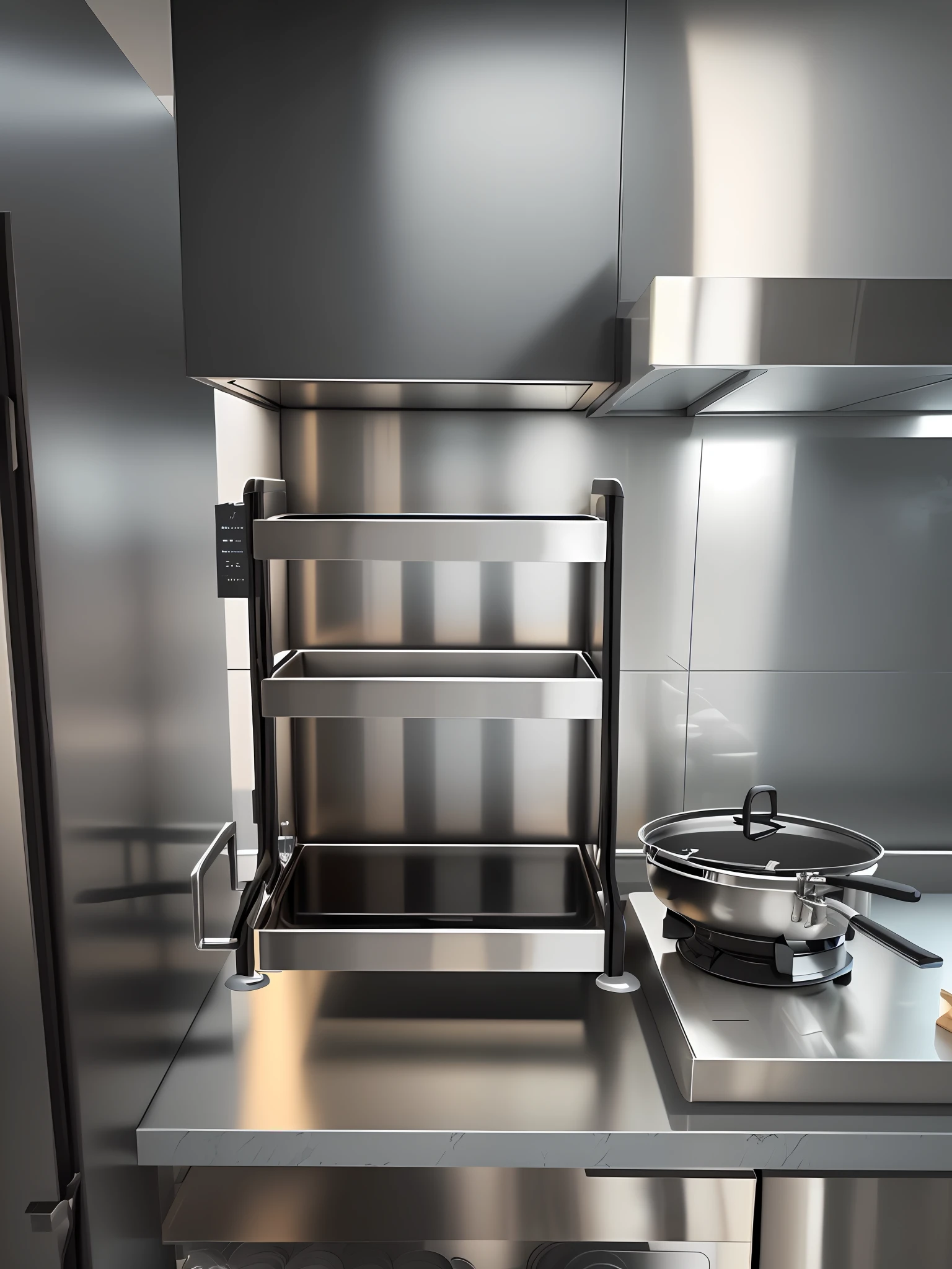 The kitchen has a black shelf,a picture, stainless steel, 3 d product render, 90mm, 9 0 mm, eye - level view, product introduction photos, product introduction photos, product image, onyx, Product display, bottom angles, Steel, easy to use, 80mm