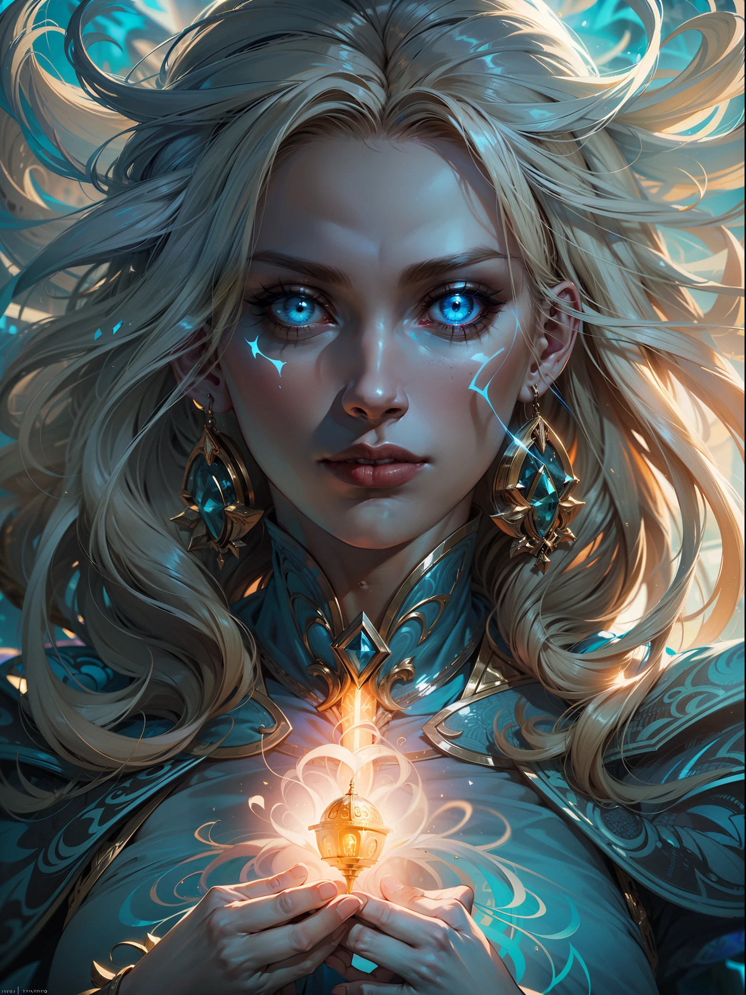 high details, best quality, 8k, [ultra detailed], masterpiece, best quality, (extremely detailed), dynamic angle, ultra wide shot, photorealistic, fantasy art, dnd art, rpg art, realistic art, an ultra wide picture of a female human (1.5 intricate details, Masterpiece, best quality) godess of light (( blue radiant aural)),  ((controlling a swirling blue radiant magic)), manipulating purple radiant magical sigils, human female, blond  hair, long hair with aura, hair with radiant eyes, intense eyes, ((radiant eyes)), ((glowing eyes)), dynamic clothing, fantasy temple background, ((divine worship atmosphere)), high details, best quality, highres, ultra wide angle