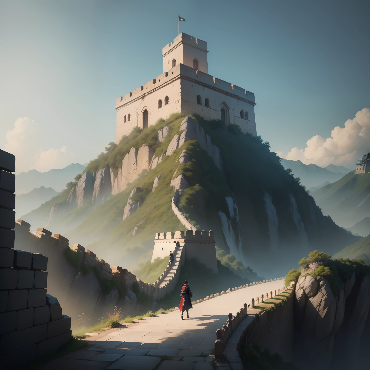 8K Great Wall Building,Moat generates avant-garde lettering,, cgsociety and fenghua zhong, The text is avant-garde and typeset,The glyph is integrated into the picture of the Great Wall and the two avant-garde characters should be highlighted