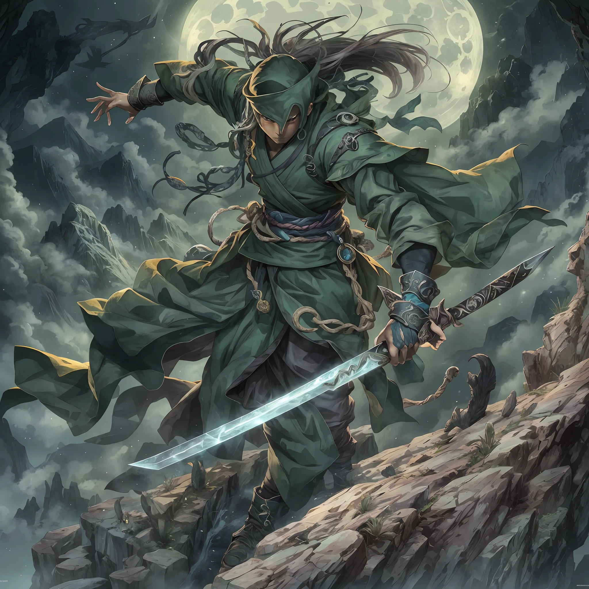 mystic ninja，Detailed face，Detailed eyes，Clear eyes，Gui Zen，Exotic beasts of mountains and seas，Dark green and black details, Loose and thick clothing covers the body，standing on cliff，Bask in the luxury of Yoshitaka Amano in the moonlight，fanciful，sci-fy，the complex background（full bodyesbian），((dynamicposes))，Colorful wallpapers，Highly detailed，Masterpiece，best qualtiy，art  stations