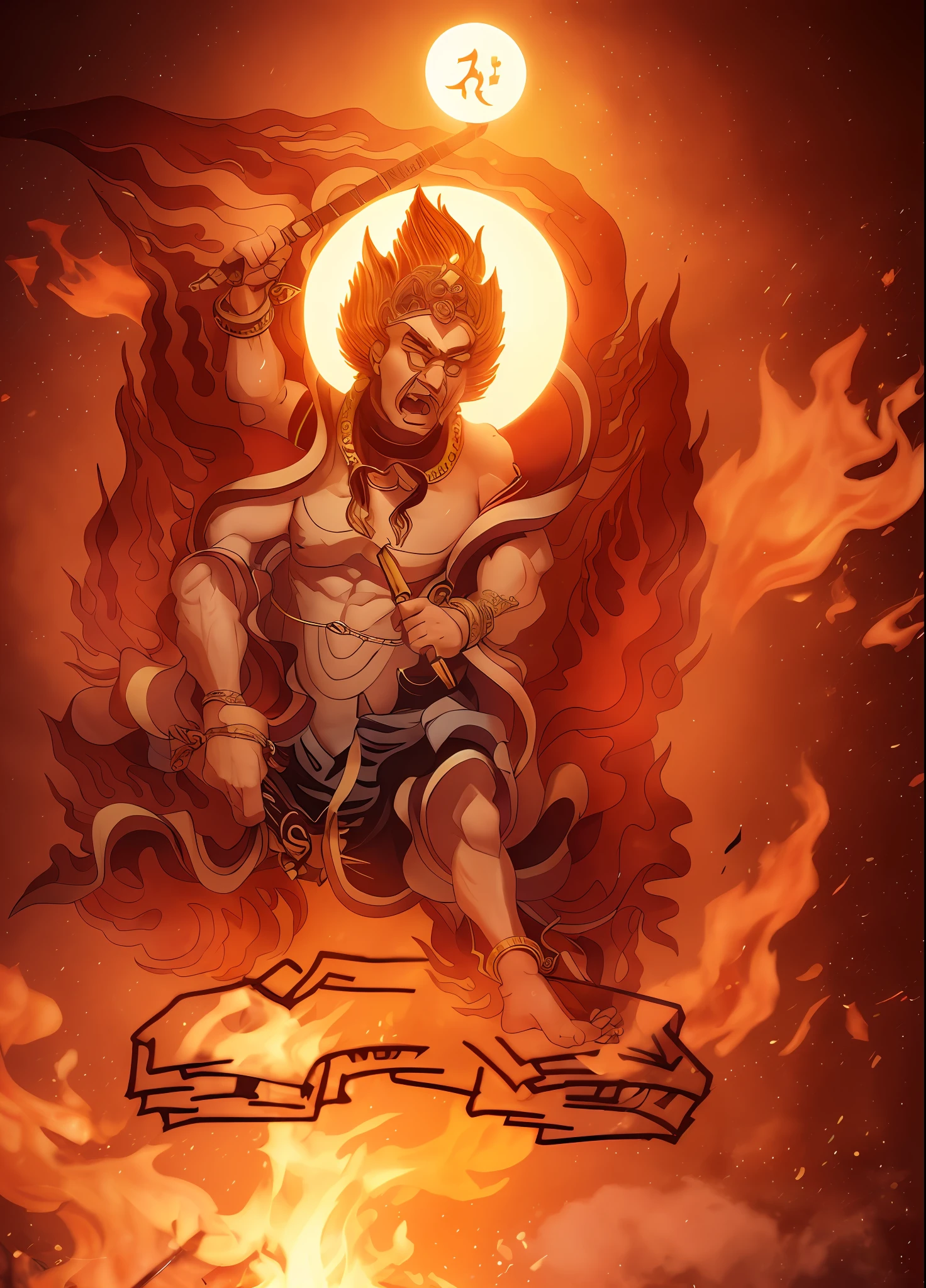 tmasterpiece,Extremely delicate,Tall and angry, Hercules King,Hold the single-stranded pestle in your hand,The body is huge,Hair stands on end,Glared angrily,Tiger teeth exposed,Shiny skin,jewelry,choker necklace,Yingluo,Pedras preciosas,The whole body is on fire,One foot on a rock,Head background with glowing circle,In addition to the role, The picture is all fire,Flames fill the picture,The fire burst into the sky,(tmasterpiece), best qualtiy, 超高分辨率,closeup cleavage, Colorful firelight, physically-based renderingt, cinmatic lighting, 复杂, high detal, dramatics, Photorealsitic