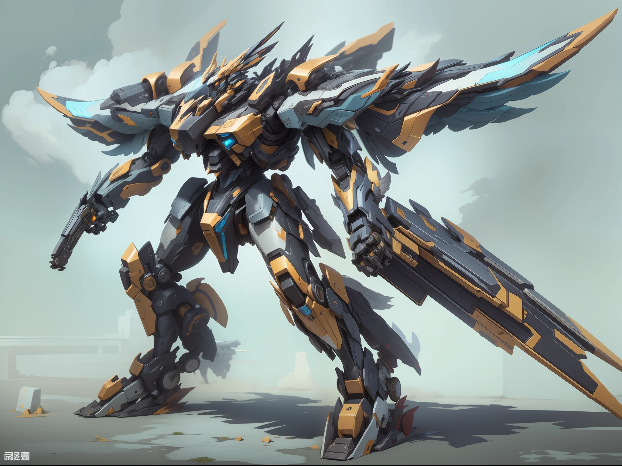 Wolf mech,Mechanically articulated wings,Skysky,swoop,Cannon muzzle to the audience,The texture of the all-over Yinlan mecha,high-quality wallpaper