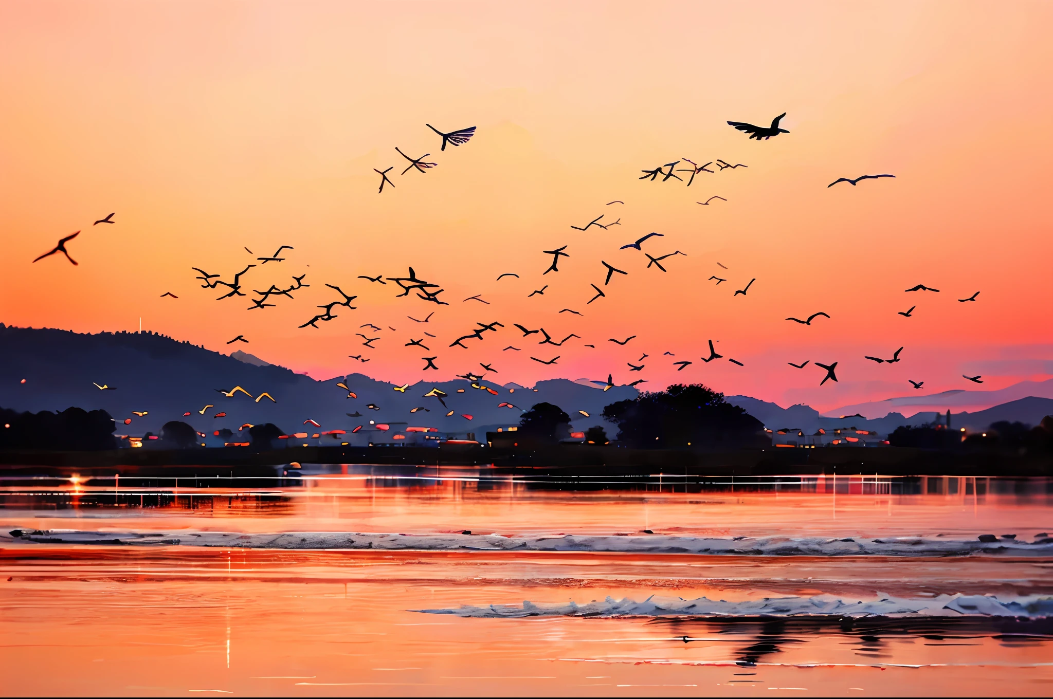 Birds fly on the surface of the water