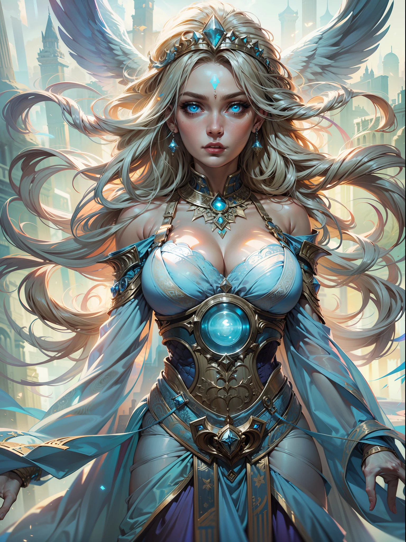 high details, best quality, 8k, [ultra detailed], masterpiece, best quality, (extremely detailed), dynamic angle, ultra wide shot, photorealistic, fantasy art, dnd art, rpg art, realistic art, an ultra wide picture of a female human (1.5 intricate details, Masterpiece, best quality) godess of light (( blue radiant aural)),  ((controlling a swirling blue radiant magic)), manipulating purple radiant magical sigils, human female, blond  hair, long hair with aura, hair with radiant eyes, intense eyes, ((radiant eyes)), ((glowing eyes)), dynamic clothing, fantasy temple background, ((divine worship atmosphere)), high details, best quality, highres, ultra wide angle