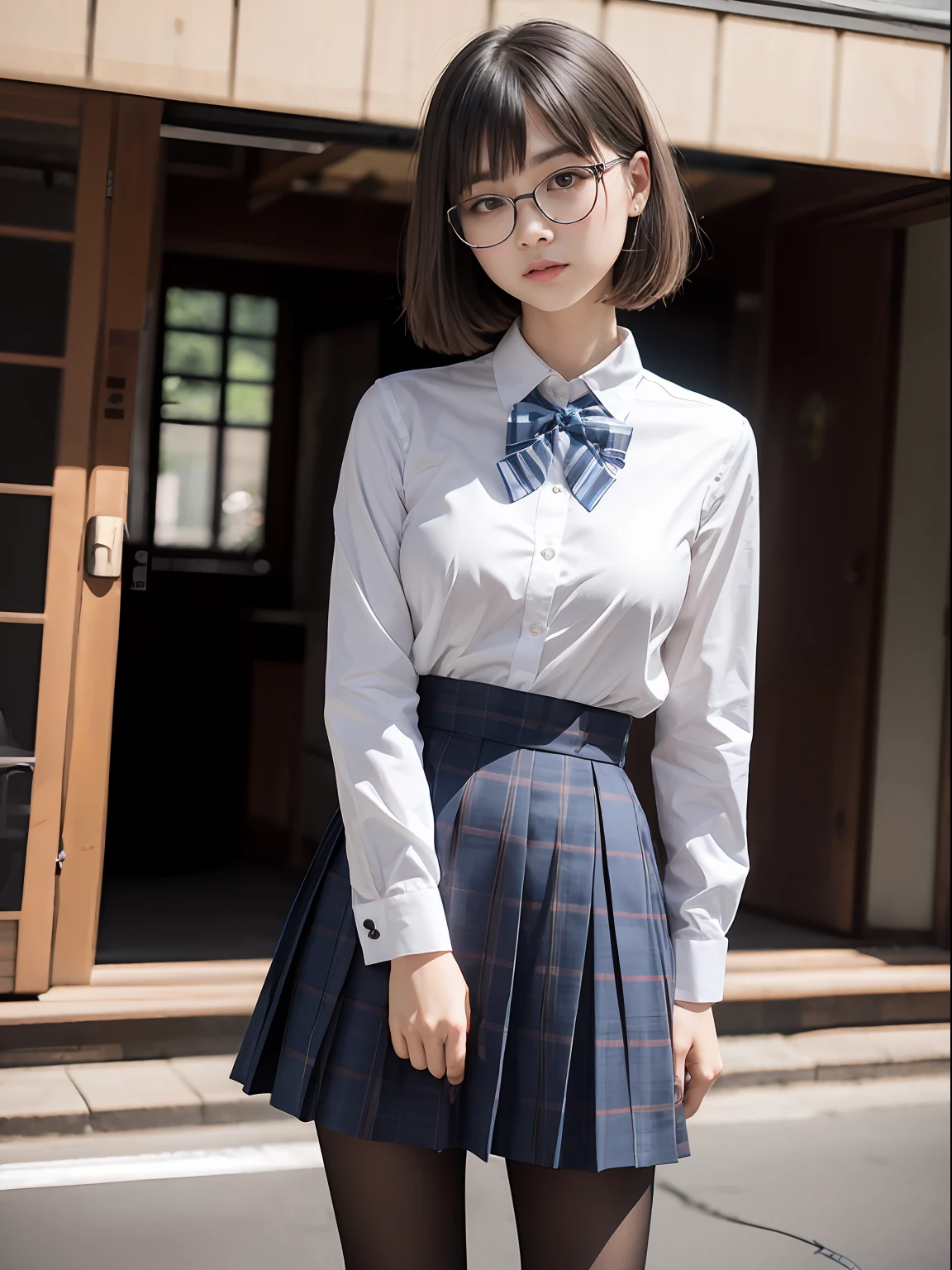 (8K、Raw photography、top-quality、masterpiece:1.2),Black pantyhose,absurderes,a small face,small tits,flat breast,Parting the bangs from the middle、Forehead visible,(Tight eyes,Bullish,skinny,Rasping,irate)、masterpiece,top-quality、超A high resolution,Raw photo,ren,Beautiful fece,One Person, 独奏,eye glass,,Dark look,Small breasts,fullllbody,Round glasses、cute little、A Japanese Lady,is standing,(Tight eyes,Bullish,skinny,Rasping,irate,small tits,flat breast)、(Photorealsitic:1.37)、Photon mapping,Light blue ribbon,Realistic、Cute little face,Brown-eyed、Black socks、(Red bow tie)、Radio City、Physically Based Rendering、Foreground、depth of fields、Blurry background、a picture,The girls、Body, Long legs, Thin leg,poneyTail,(Bangs are visible), hair, s lips, Blue_The eye, nosesoft,White shirt, Navy blue and white plaid pleated skirt, Knees are visible,Sheer clothing,, Thigh, Black cotton socks,Nogizaka Idol, 女優, Japanese ido