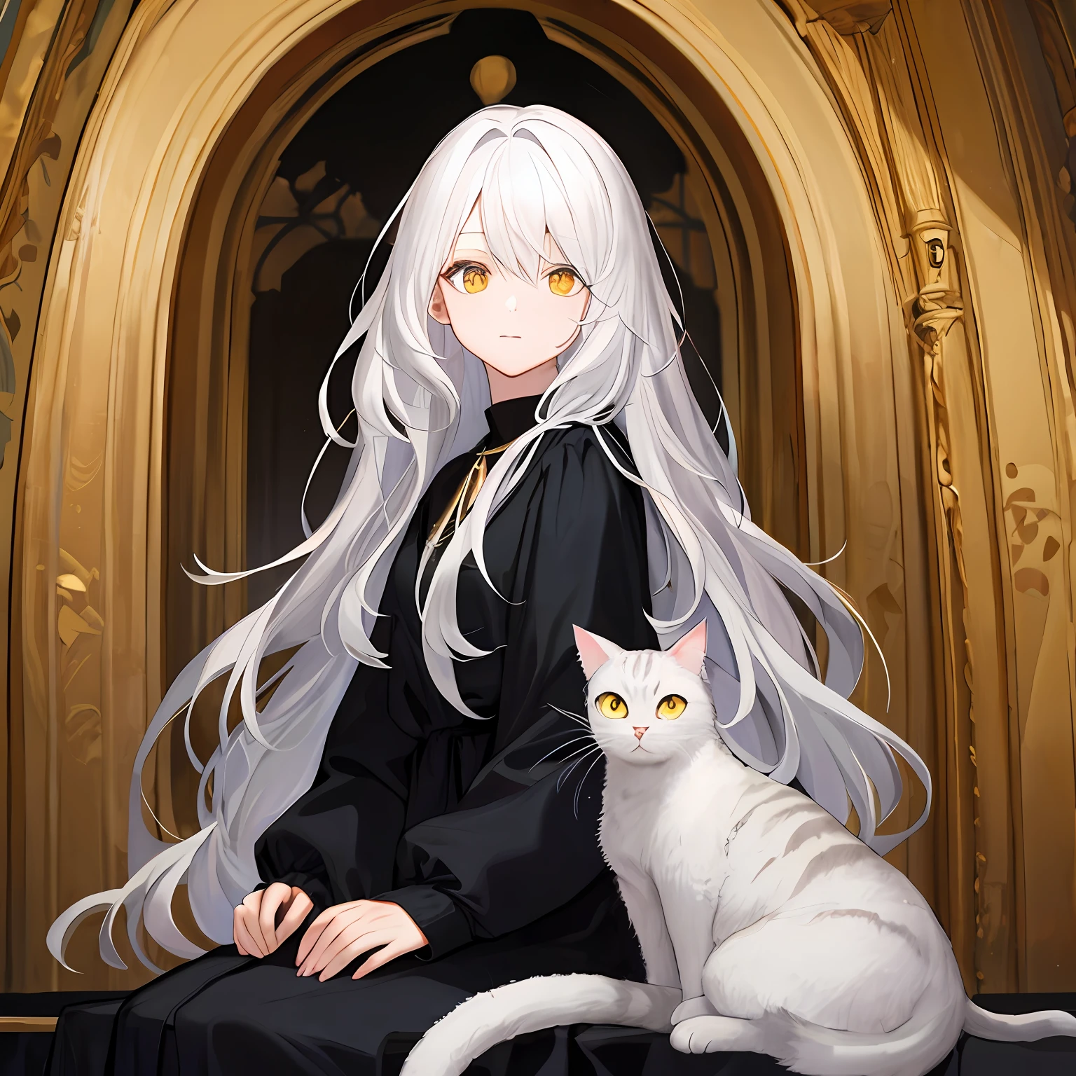 Long white hair,Golden eyes,Cat lady