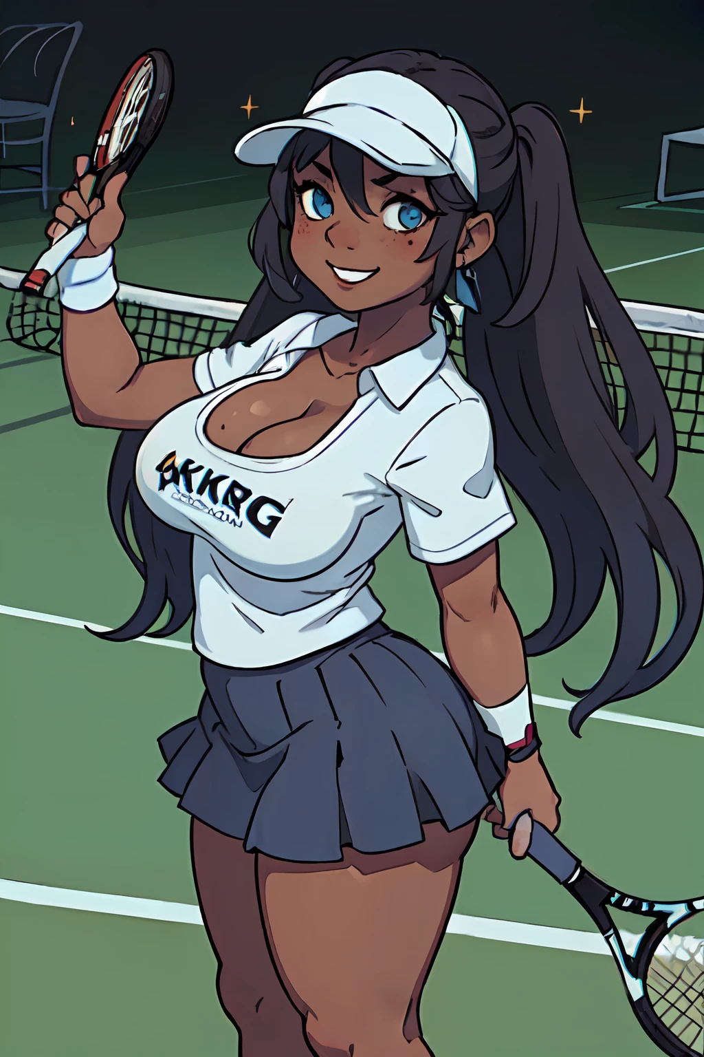 1girl, (dark skinned:1.7), goblin girl, blue hair, very long hair, multicolored hair, wide body, (small stature:1.5), (huge breast:1.6), hair between eyes, twintails, wide hips, blue eyes, mole, mole on chest, age up, lips, big lips,noise, big noise, thick eyebrows, twintails, (chubby:1.5), smile, freckles, tennis racket, sportswear, visor cap, tennis uniform, wristband, crossdressing, skirt, leaning forward, holding, ass, big_ass