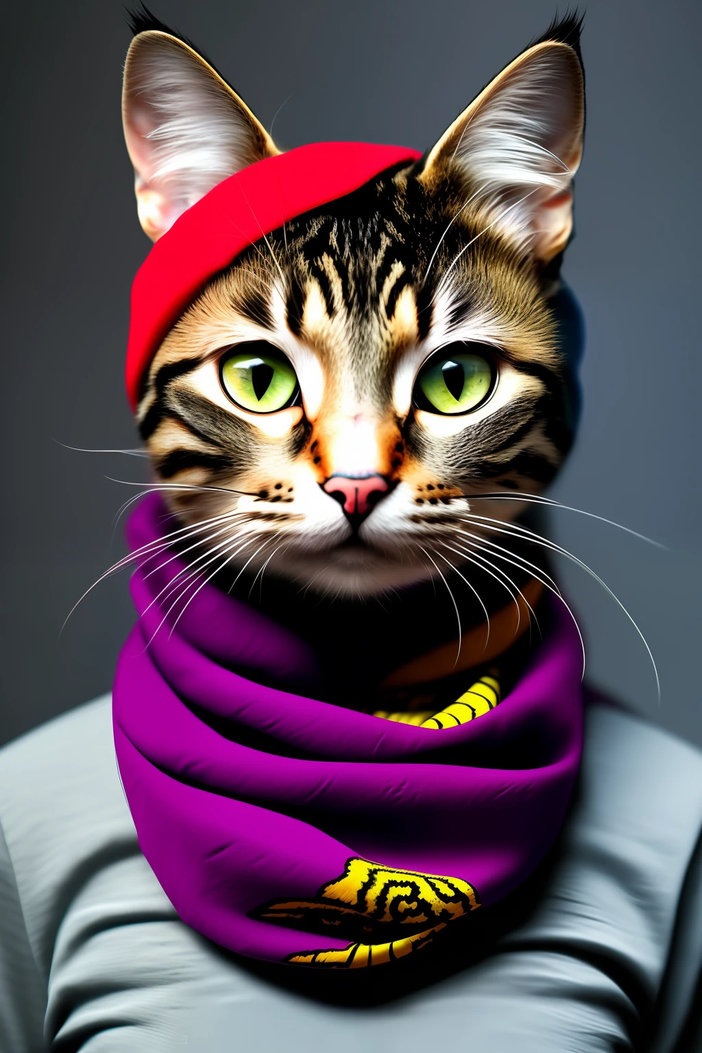 Pictures of cats wearing hats and scarves, art station trends, wearing punk clothes, ultra-realistic detailed rendering, English gang members, urban style, intimidating poses, cat planet, fashion clothing, urban warriors, meow meow, Western Slavic features, 815