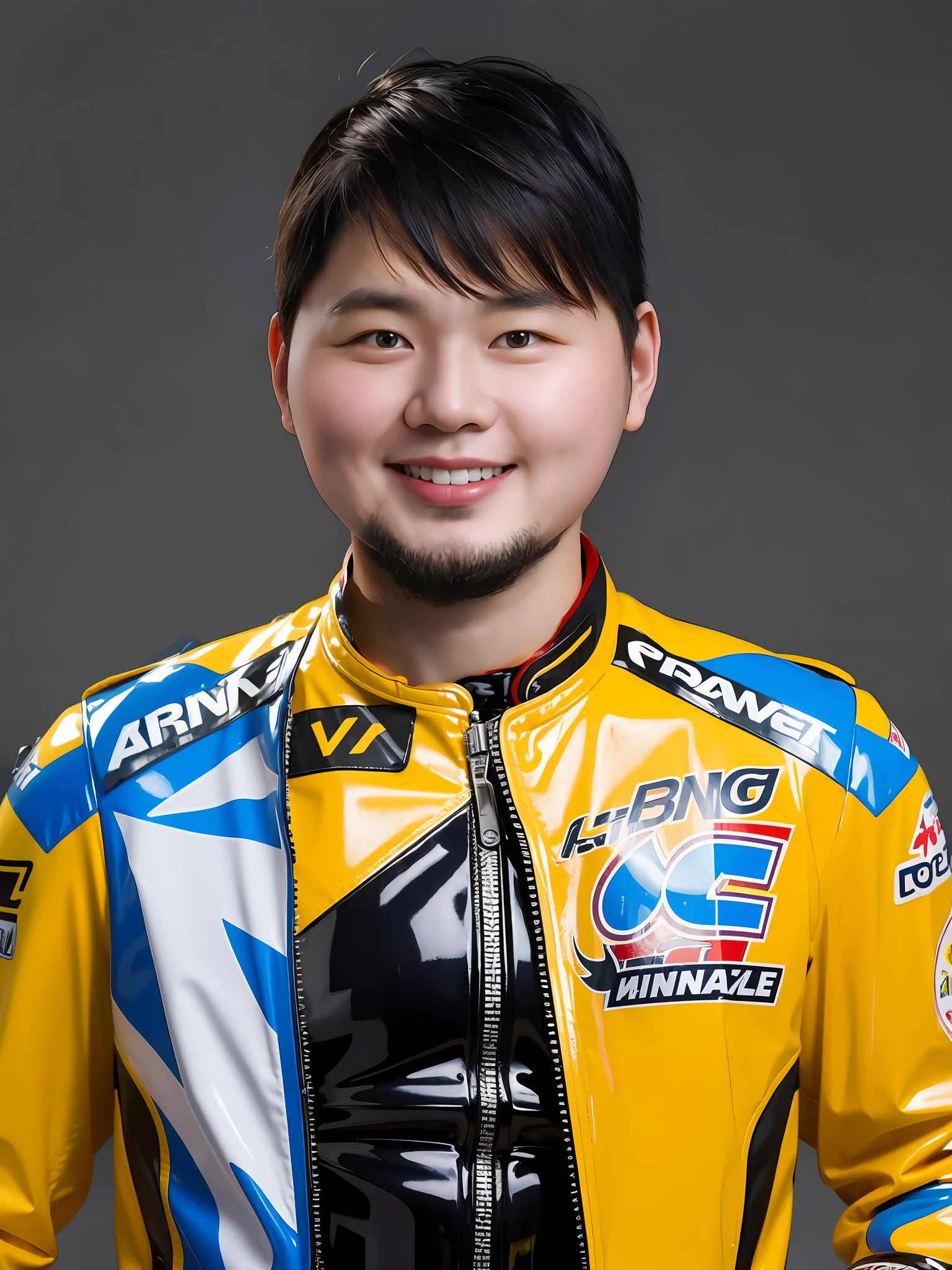 A Chinese male high school student,Wearing a colorful motorcycle suit of PVC,