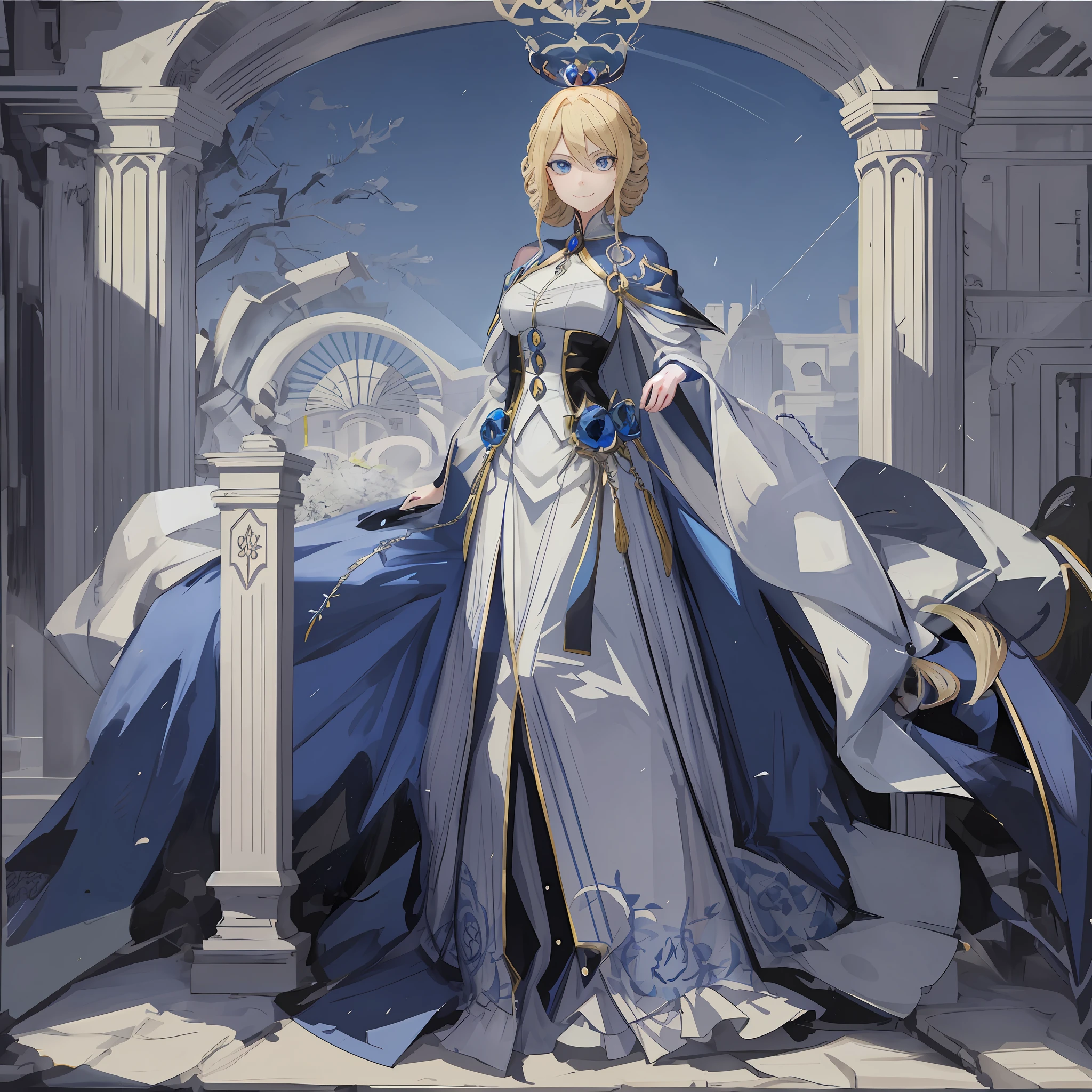 Blonde coiled hair, Expressions of danger, ssmile,Recognized blue eyes,Two-dimensional feature surfaces,Anime face,Luxurious crown