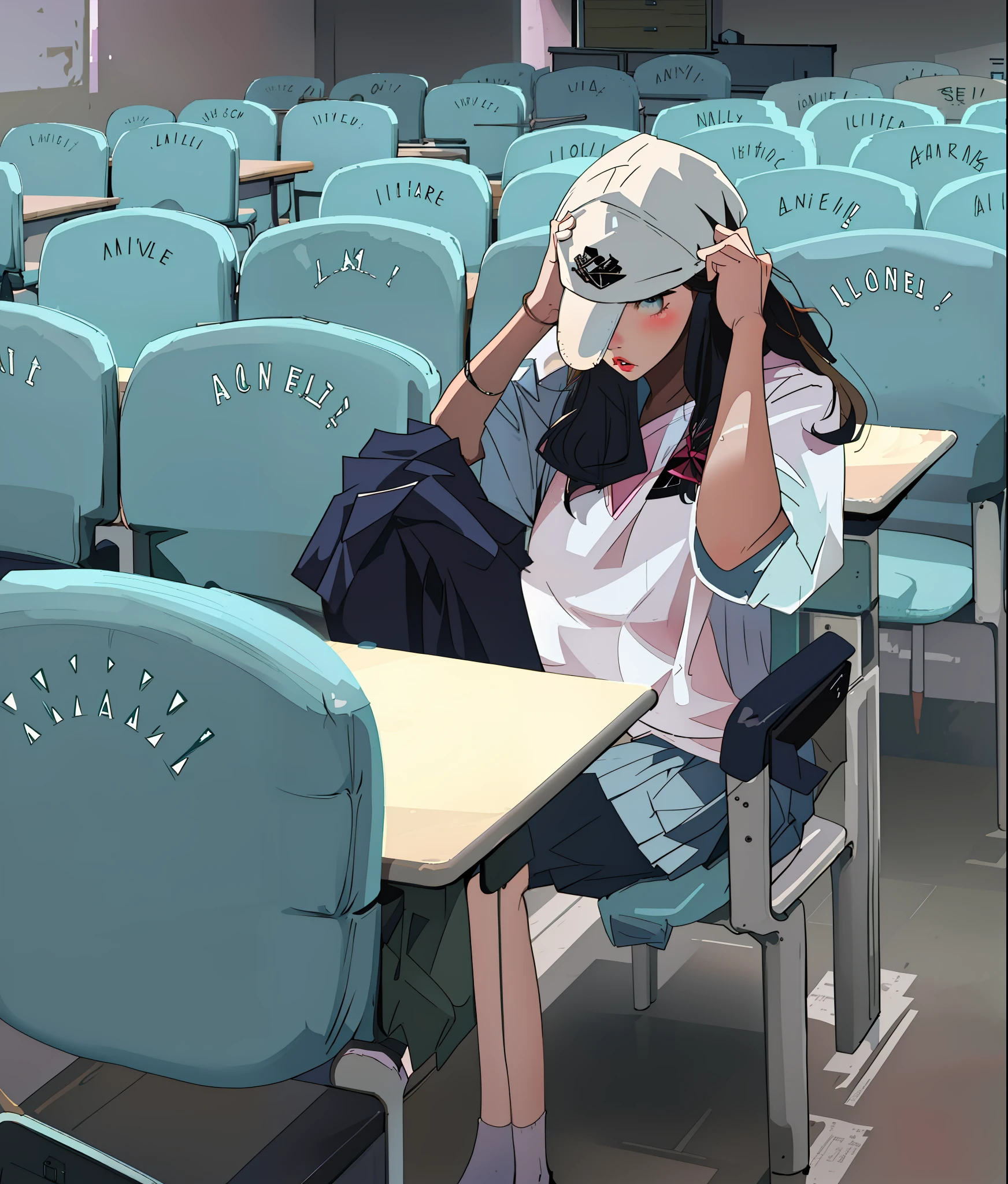 There is a woman sitting on a chair,With a hat on, Sitting in the classroom, trying to study, Student, light academia aesthetic, standing in class, College, In a classroom, at college, 🤬 🤮 💕 🎀, research, Sitting at your desk, Dark University Aesthetics, wearing a baseball cap backwards, 😭 🤮 💕 🎀, looking distracted