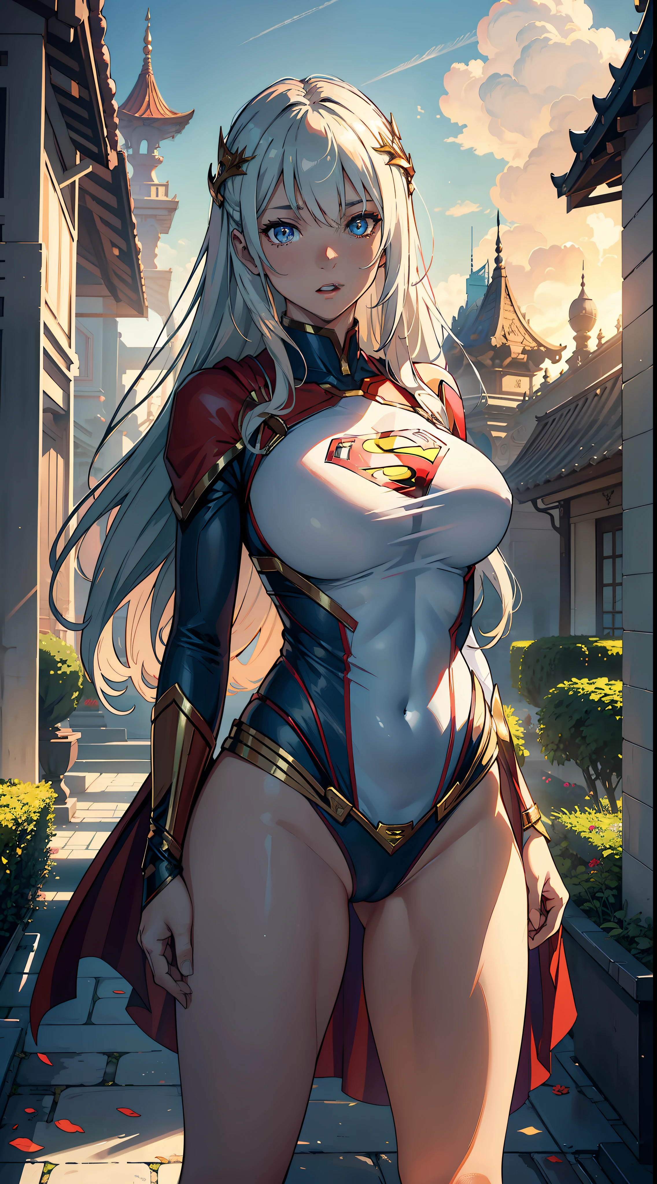 1female, old,Huge breasts, 独奏, Supergirl,superman logo, trpical garden,palaces,White transparent court costume, Pornographic exposure,Exposure of bikinis,Skysky,the night, She has long flowing hair, Bare genitalia, standing on your feet,Bigchest, From the front side, hair straight, mostly cloudy sky,(((tmasterpiece),(Very detailed CG unity 8K wallpaper),best qualtiy,cinmatic lighting,detailed back ground,beatiful detailed eyes,Bright pupils,(Very fine and beautiful),(Beautiful and detailed eye description),ultra - detailed,tmasterpiece,)),facing at camera,A high resolution,ultra - detailed),,Very long hair,legs are open,Emotive expressions,Open-mouthed,Chest sagging,nakeness, Bulge,Expose the genitals,revealing breasts,Camel toes,with no underpants,extremely large bosom,Extremely colorful,Most detailed,fully body photo,The face is well lit
