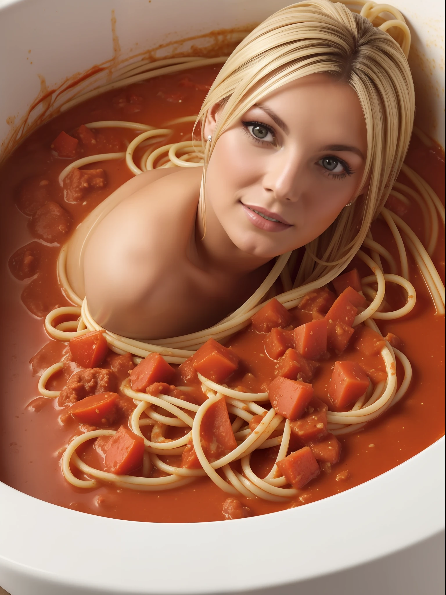 ((best qulaity, 8K, Meisterwerk: 1.3)), scharfer Fokus: 1.2, ((Britney Spears sitzt in einer Badewanne voller Spaghetti mit Tomatensauce: 1.4)), Schlanker Bauch: 1.2, (small and beautiful hard nipple) , ((Body and face full of tomato sauce: 1.1)), Hochdetaillierte Gesichts- und Hautstruktur, Spaltung,