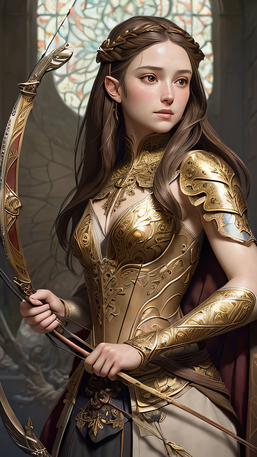 8k portrait of a beautiful medieval young woman with brown hair, intricate, elegant, highly detailed, majestic, wielding a bow and arrows digital photography, art by artgerm and ruan jia and greg rutkowski surreal painting gold butterfly filigree, broken glass (masterpiece , side lighting, finely detailed beautiful eyes: 1.2 ), hdr,