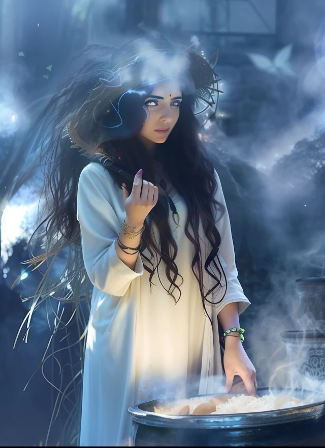 Arafederated woman in white dress preparing food in a large pot, pagan goddess, Casting a protective spell, Wearing psychedelic Wicca, casting a powerful spell, The Priestess of the Fairies, magic, Casting a root spell, Gothic shaman maiden, Maya Ali as the Sorceress of the Wind, witchy, Shaman Witch, Druid Goddess, witch woman, spell casting wizard