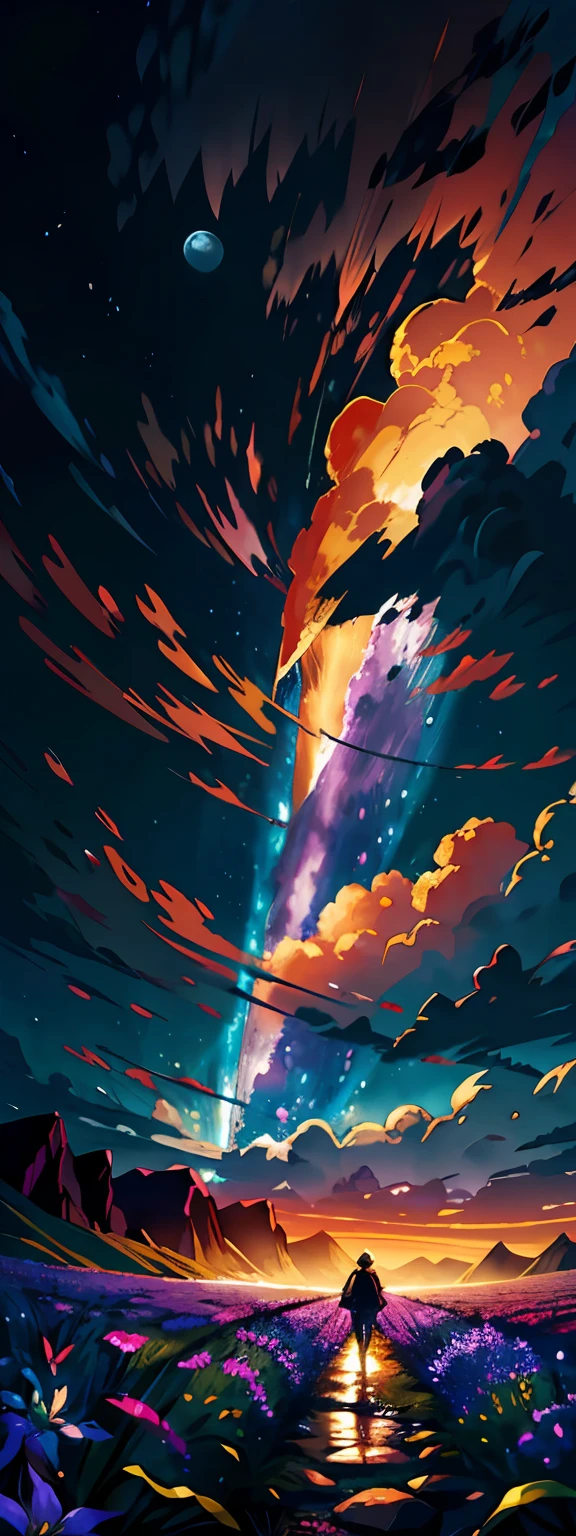 A wide landscape photo, (viewed from below, the sky is above, and the open field is below), a girl standing on a flower field looking up, (full moon: 1.2), (meteor: 0.9), (nebula: 1.3), distant mountains , Trees BREAK Crafting Art, (Warm Light: 1.2), (Firefly: 1.2), Lights, Lots of Purple and Orange, Intricate Details, Volumetric Lighting BREAK (Masterpiece: 1.2), (Best Quality), 4k, Ultra Detailed, (Dynamic Composition: 1.4), Rich in Detail and Color, (Rainbow Color: 1.2), (Glow, Atmospheric Lighting), Dreamy, Magical, (Solo: 1.2)