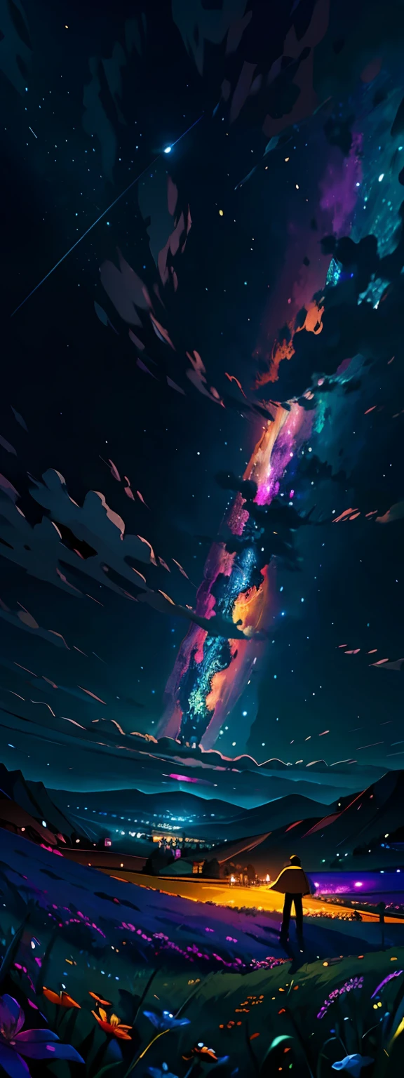 A wide landscape photo, (viewed from below, the sky is above, and the open field is below), a girl standing on a flower field looking up, (full moon: 1.2), (meteor: 0.9), (nebula: 1.3), distant mountains , Trees BREAK Crafting Art, (Warm Light: 1.2), (Firefly: 1.2), Lights, Lots of Purple and Orange, Intricate Details, Volumetric Lighting BREAK (Masterpiece: 1.2), (Best Quality), 4k, Ultra Detailed, (Dynamic Composition: 1.4), Rich in Detail and Color, (Rainbow Color: 1.2), (Glow, Atmospheric Lighting), Dreamy, Magical, (Solo: 1.2)