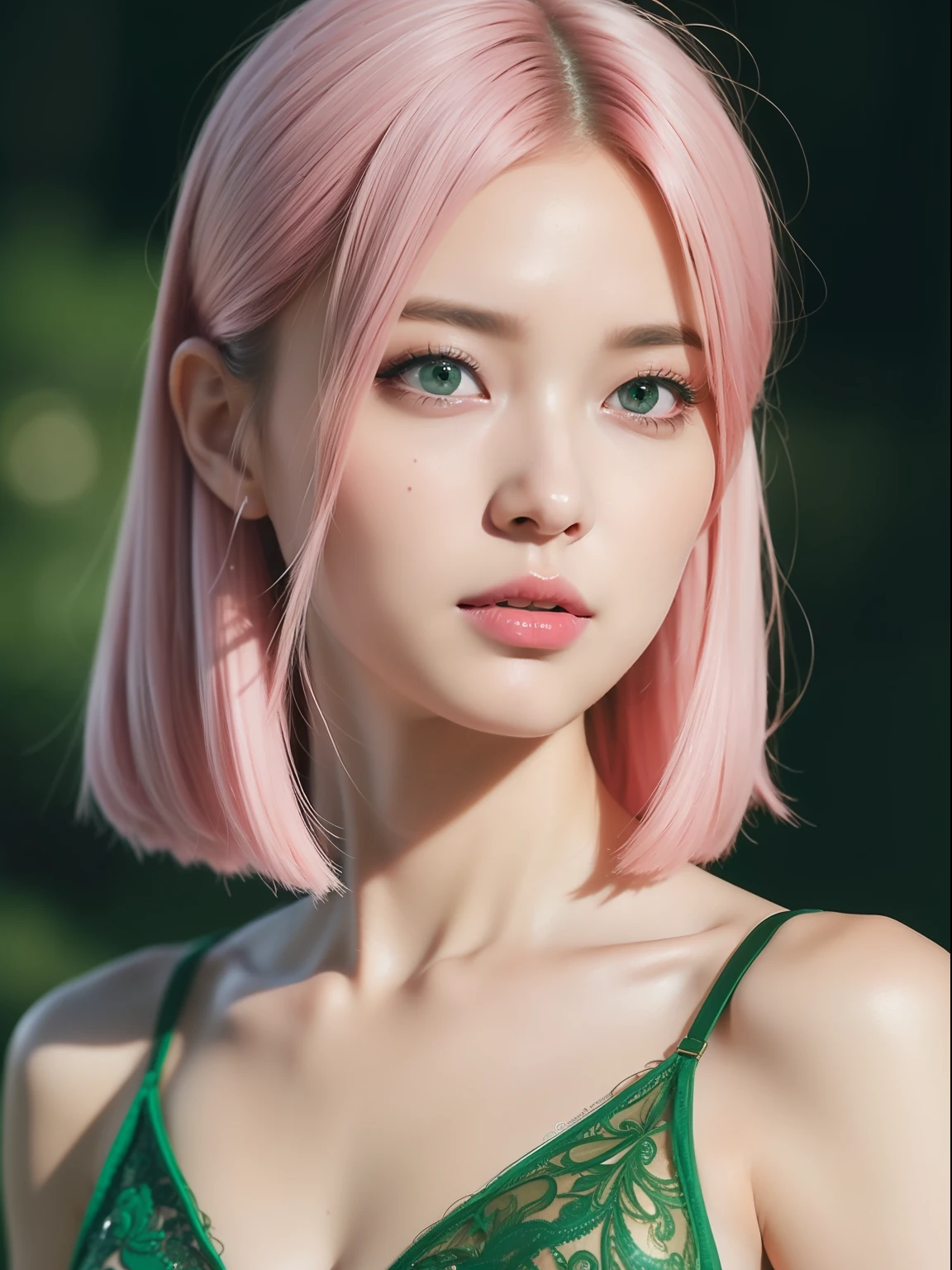 (masterpiece:1.4, best quality), (intricate details), unity 8k wallpaper, ultra detailed, beautiful and aesthetic, perfect lighting, (1girl), (pink hair, green eyes, medium breasts),, dynamic pose, dynamic angle, lipstick, slim, slim body, medium breasts, , detailed background, realistic, solo, perfect detailed face, detailed eyes, highly detailed, blush, hair ornament, rolling_eyes, cross-eyed,