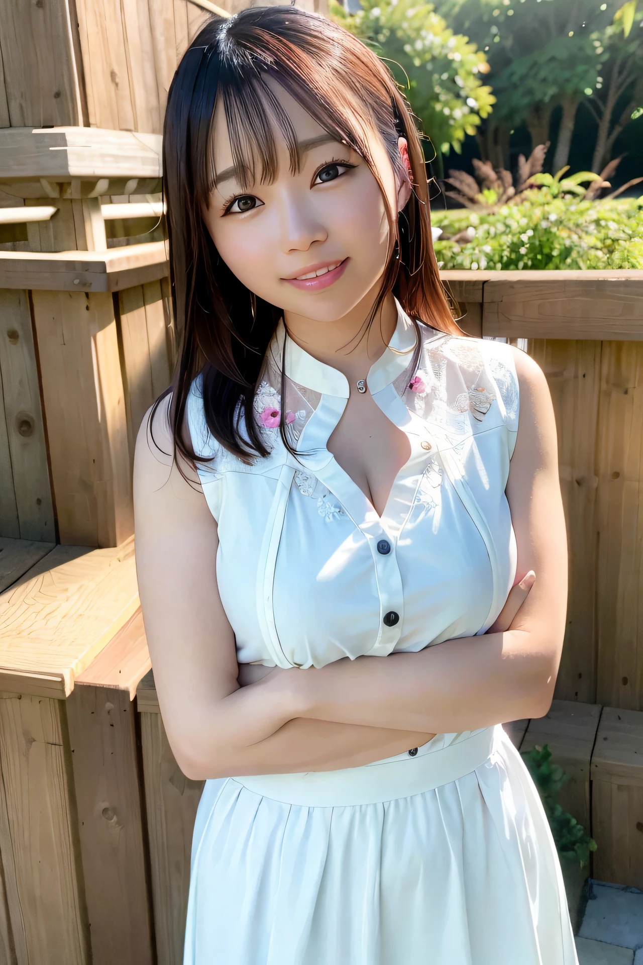 (skin blemish:1.2), (skindentation), black eye, 1woman, 25yo, (((woman))), solo, realistic, best quality, photorealistic, masterpiece, 8k, high res, solo, extremely detailed face, (professional lighting, bokeh), (light particles, lens flare, glowing particles:0.6), (dynamic pose:1.2), soft lighting, top angle view, fashionable and trendy atmosphere, japan, street, tokyo, harbour, skytree, tokyo tower, ((daytime)), sky, ((looking at the viewer:1)), (looking at the camera),(portrait:0.6), cowboy shot, gorgeous, standing, keep original facial proportion, wide shoulder, full body, (medium ), (medium hair), brown hair, floating hair, lips, lipstick, seductive smile, floating hair, smile, open_mouth, teeth, blouse, (flowery pattern summer dress:1), eyelashes, mole, (mole under eye:1),