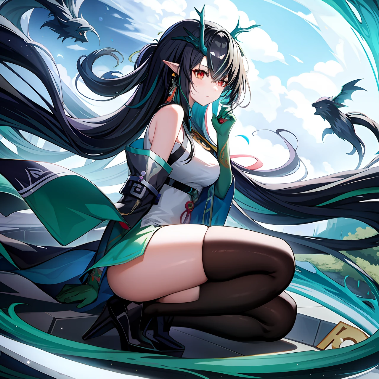 Anime girl with long black hair and green gloves, but covered her face with his hands,, 2 d anime style, Irelia, From Arknights, High quality anime art style, in an anime style, 2 0 2 2 anime style, Complete body movements,kneels on the ground, Wear over-the-knee socks,The legs are slimmer, Increase facial expressions, Increase eyes