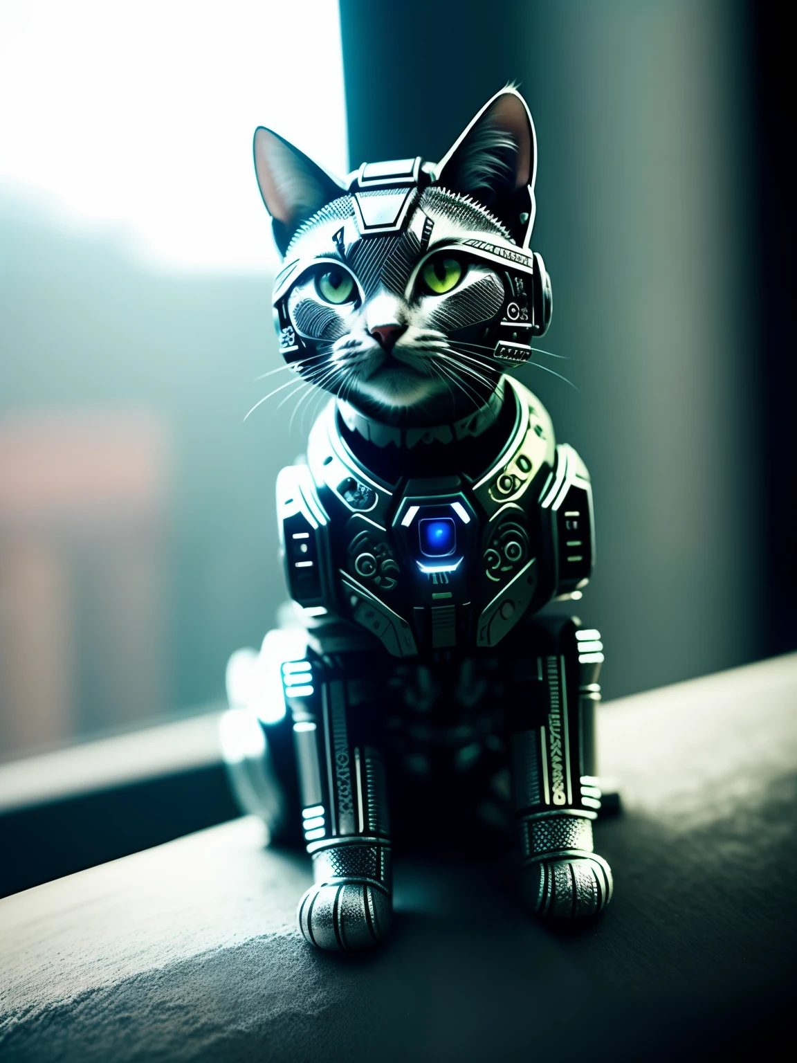 A cute kitten made of metal, (cyborg:1.1), ([tail|detailed wire]:1.3), (intricate detail), hdr, (intricate detail, hyperdetailed:1.2), cine footage, halo shadow, centered