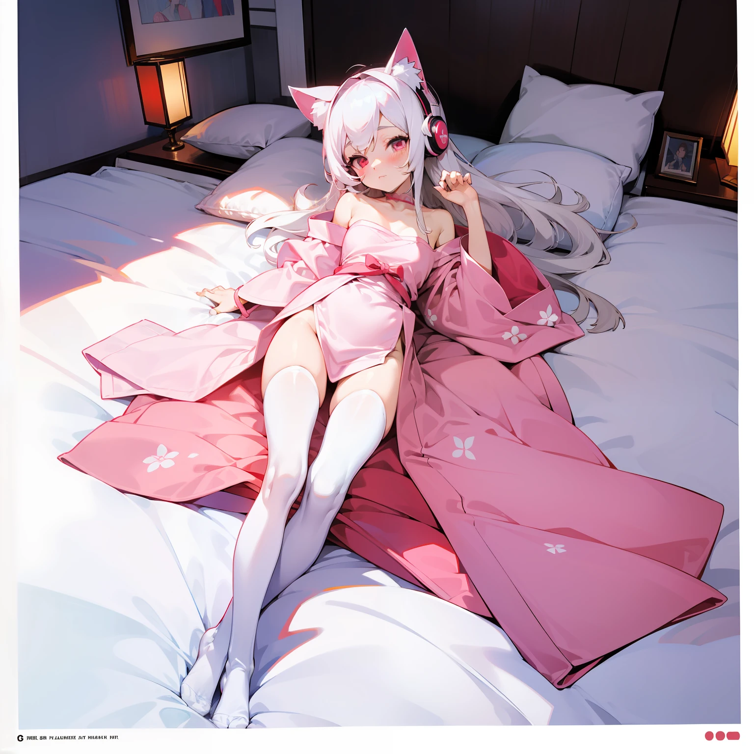 ((best qualtiy)), Beautiful portrait of a genki girl,Sweet girl,White hair,red color eyes,Japanese anime,adolable,Anime figure,show legs,expose feet,without wearing shoes,Pink table,Wear cat ear headphones,Facial shyness,White off-the-shoulder pajamas,flower pots,The overall environment is pink style,Otaku girl,At home,White transparent stockings,Don't look too leggy,white clothes,Lying in bed,Drag your head by hand